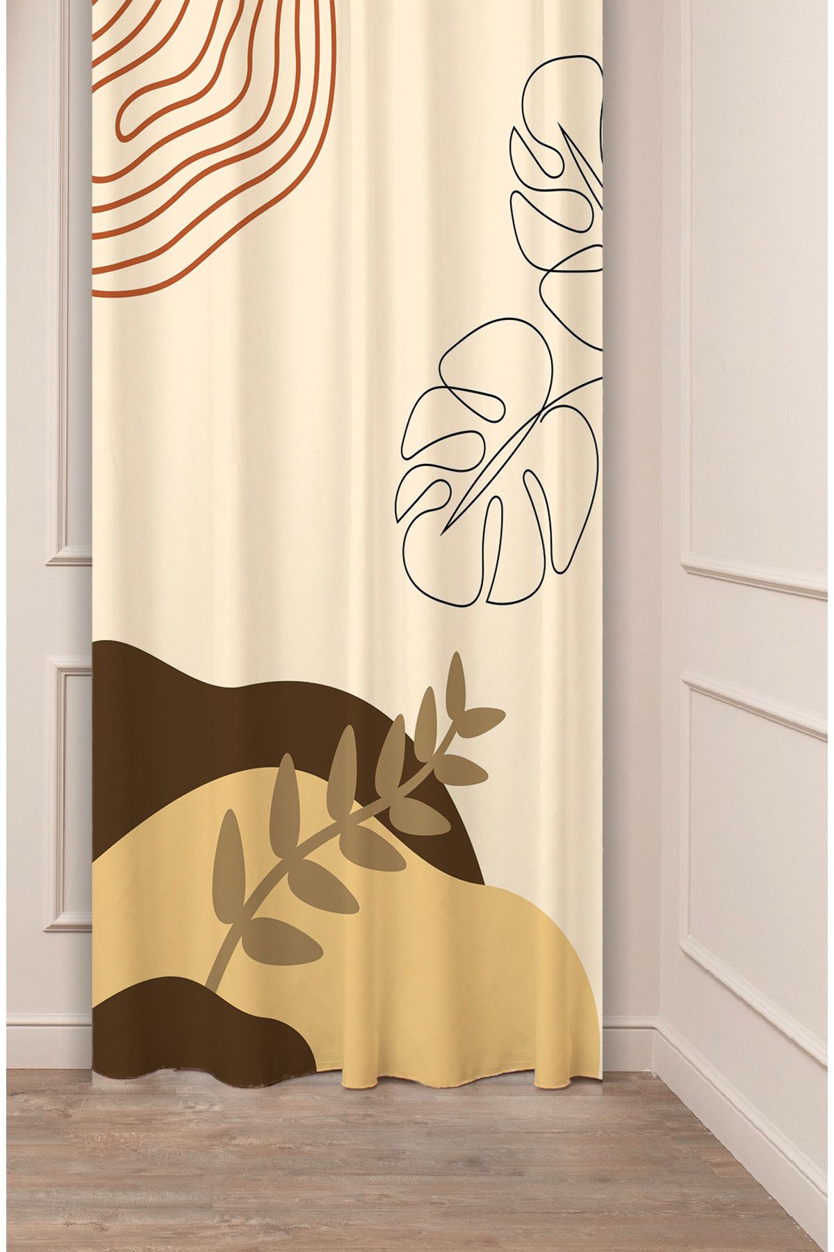 GREENDECOR Yaprak Grafik Bohem Minimalist Bej Krem Desenli Özel Tasarım Dijital Baskılı (Tek Kanat) Fon Perde