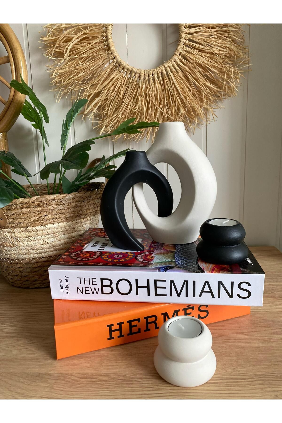 Porselian Sarmaşık Sevgili Bohem Vazo ve Mumluk Set 4lü Set
