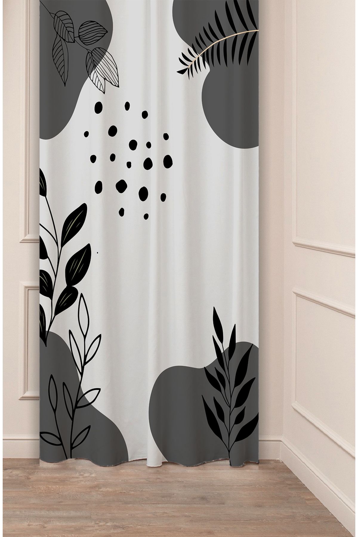 GREENDECOR Yaprak Grafik Bohem Minimalist Bej Krem Desenli Özel Tasarım Dijital Baskılı (Tek Kanat) Fon Perde
