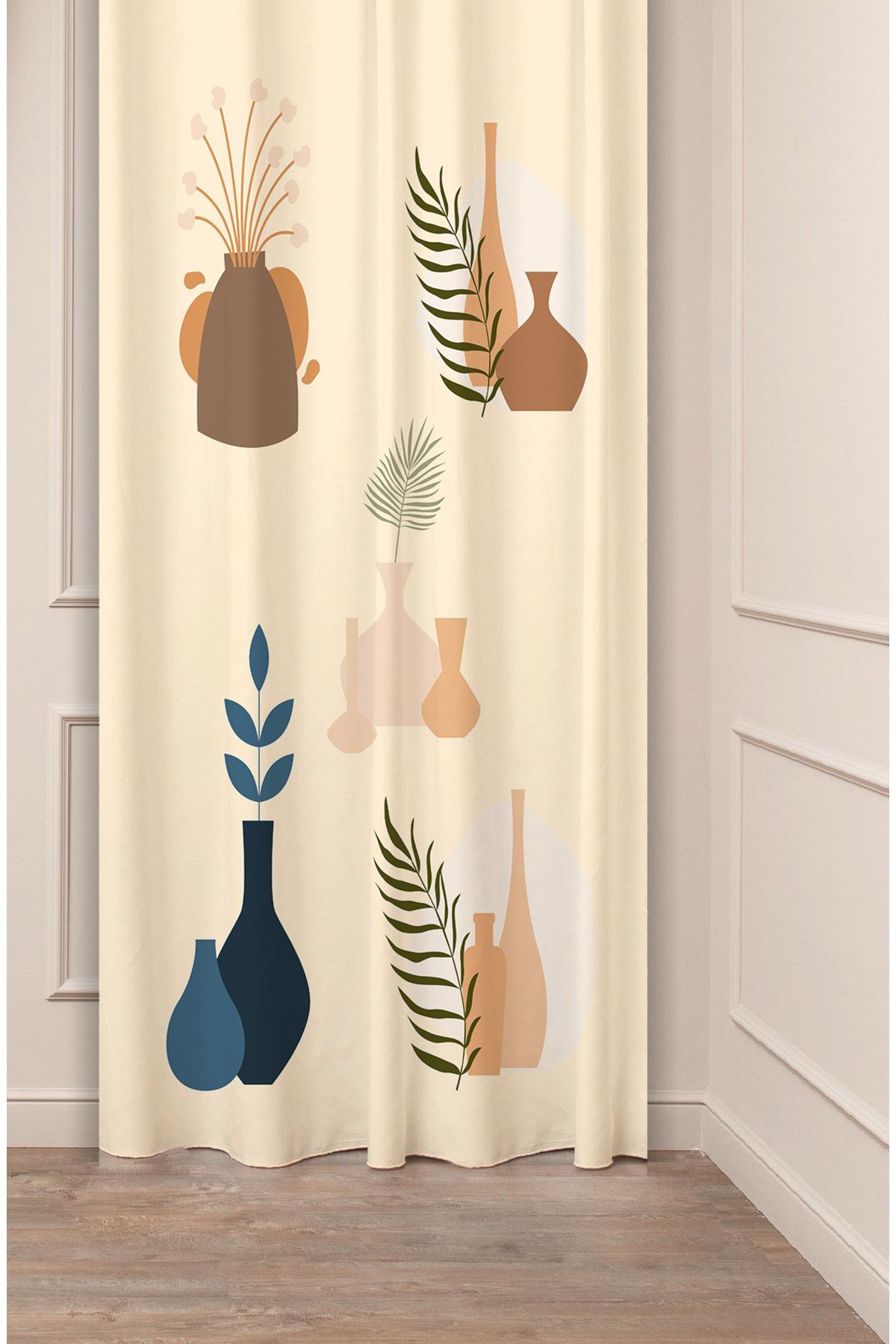 GREENDECOR Vazo Yaprak Bohem Minimalist Bej Krem Desenli Özel Tasarım Dijital Baskılı (Tek Kanat) Şık Fon Perde
