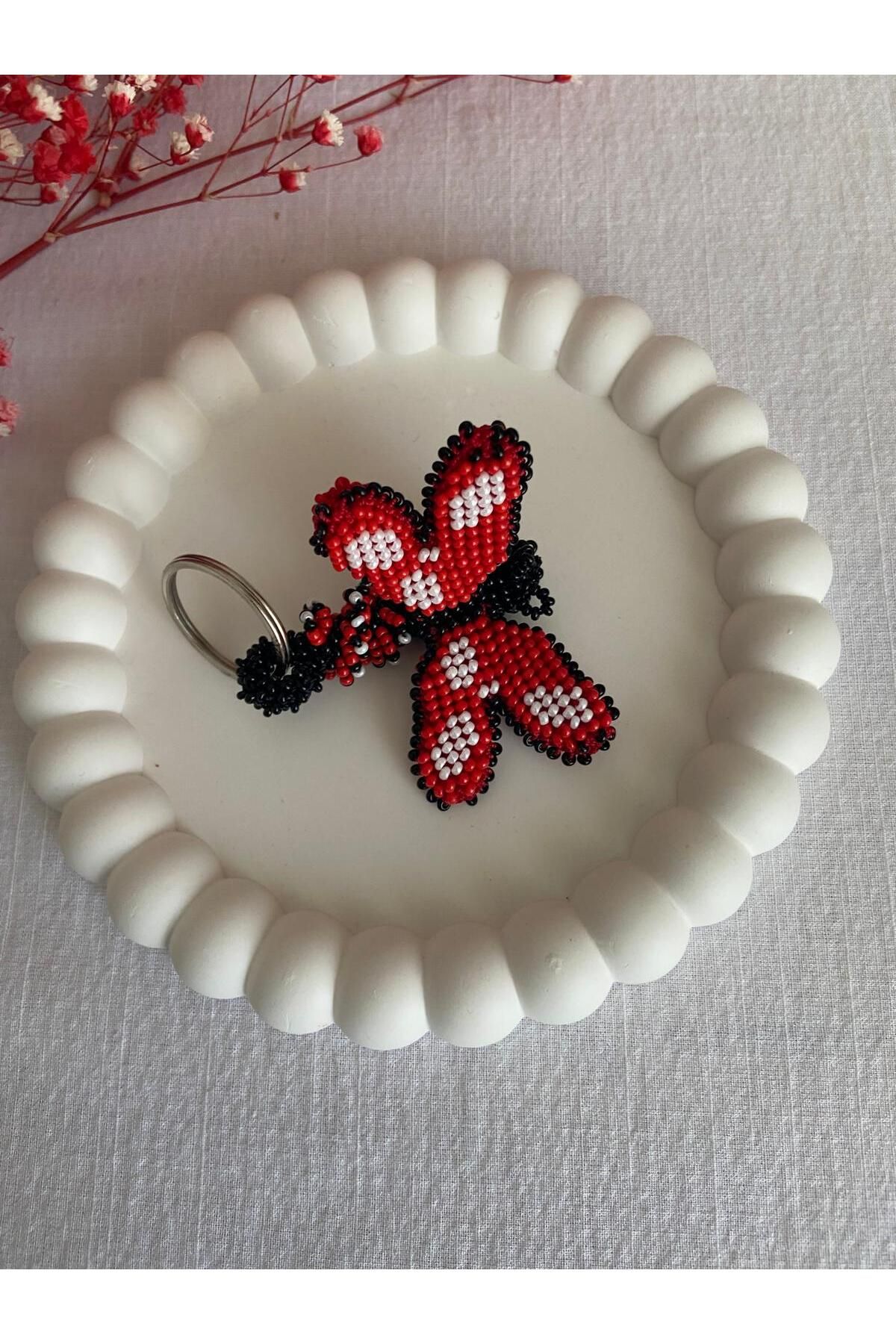 Handmade KUM BONCUK EL İŞİ KIRMIZI KELEBEK ANAHTARLIK