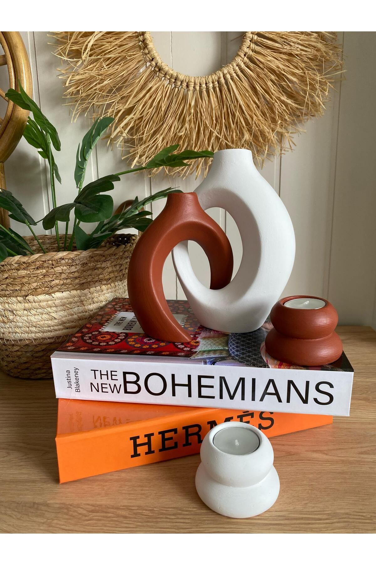 Porselian Sarmaşık Sevgili Bohem Vazo ve Mumluk Set 4lü
