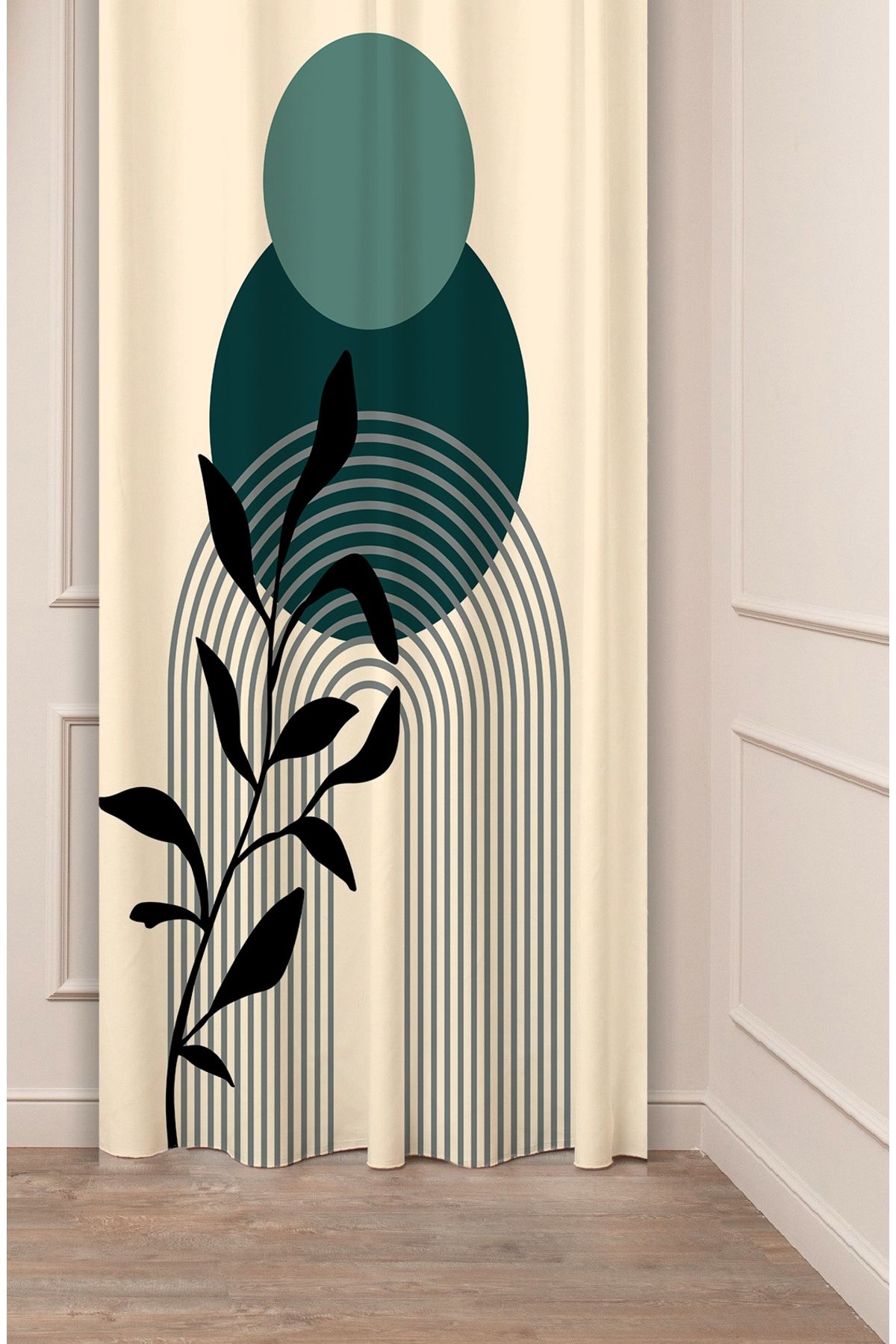 GREENDECOR Yaprak Grafik Bohem Minimalist Bej Krem Desenli Özel Tasarım Dijital Baskılı (Tek Kanat) Fon Perde
