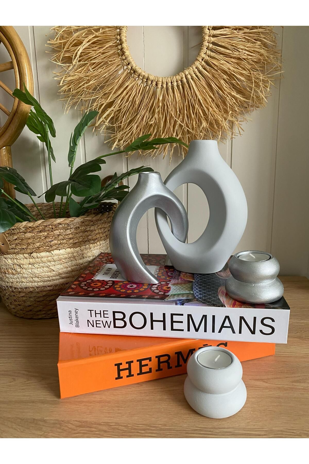 Porselian Sarmaşık Sevgili Bohem Vazo & Mumluk Set 4lü Set