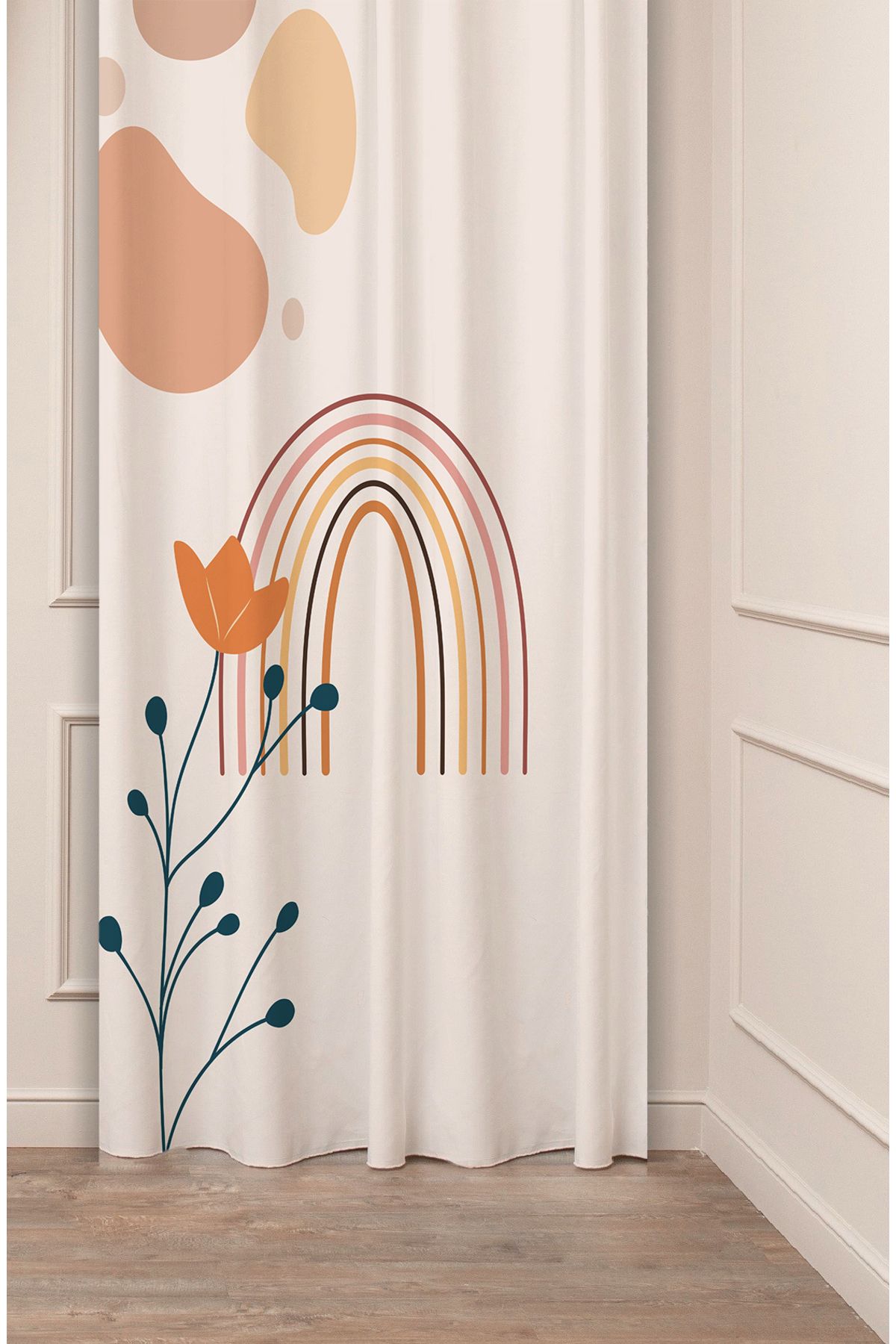 GREENDECOR Çiçek Gökkuşağı Krem Bej Desenli Özel Tasarım Dijital Baskılı (Tek Kanat) Modern Şık Fon Perde