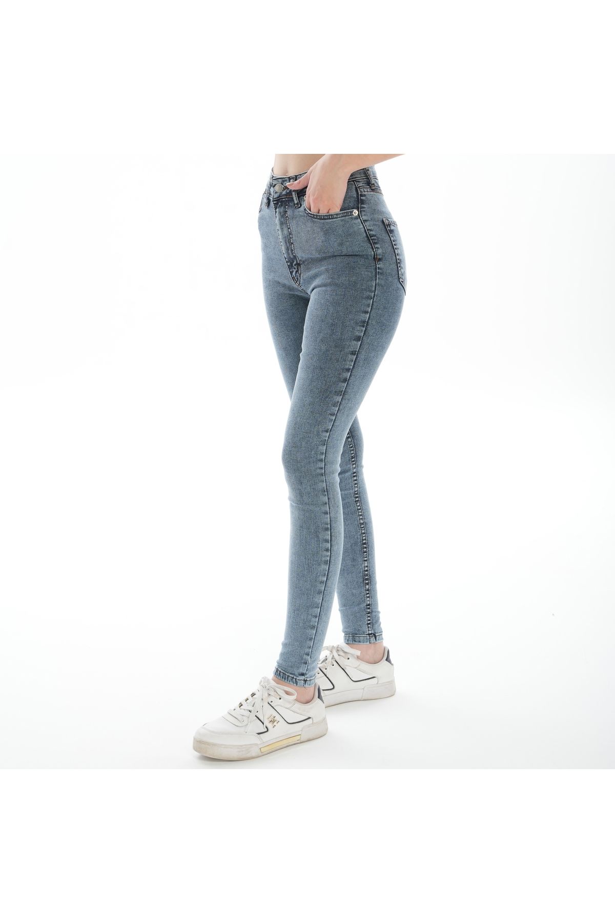 BEES JEANS Yüksek Bel Kar Yıkama Açık Mavi Skinny Jeans Pantolon