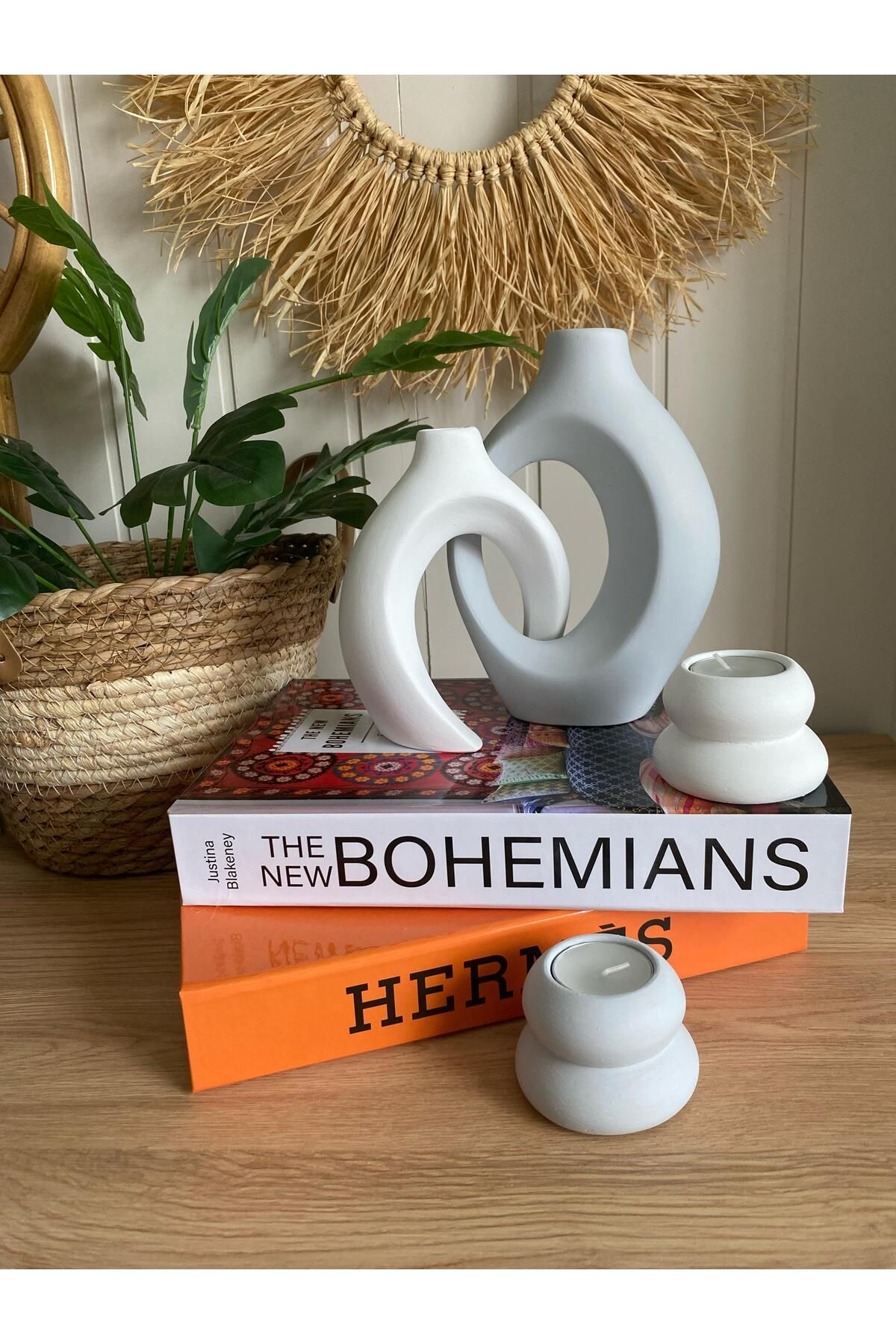 Porselian Sarmaşık Sevgili Bohem Vazo & Mumluk Set 4lü Set