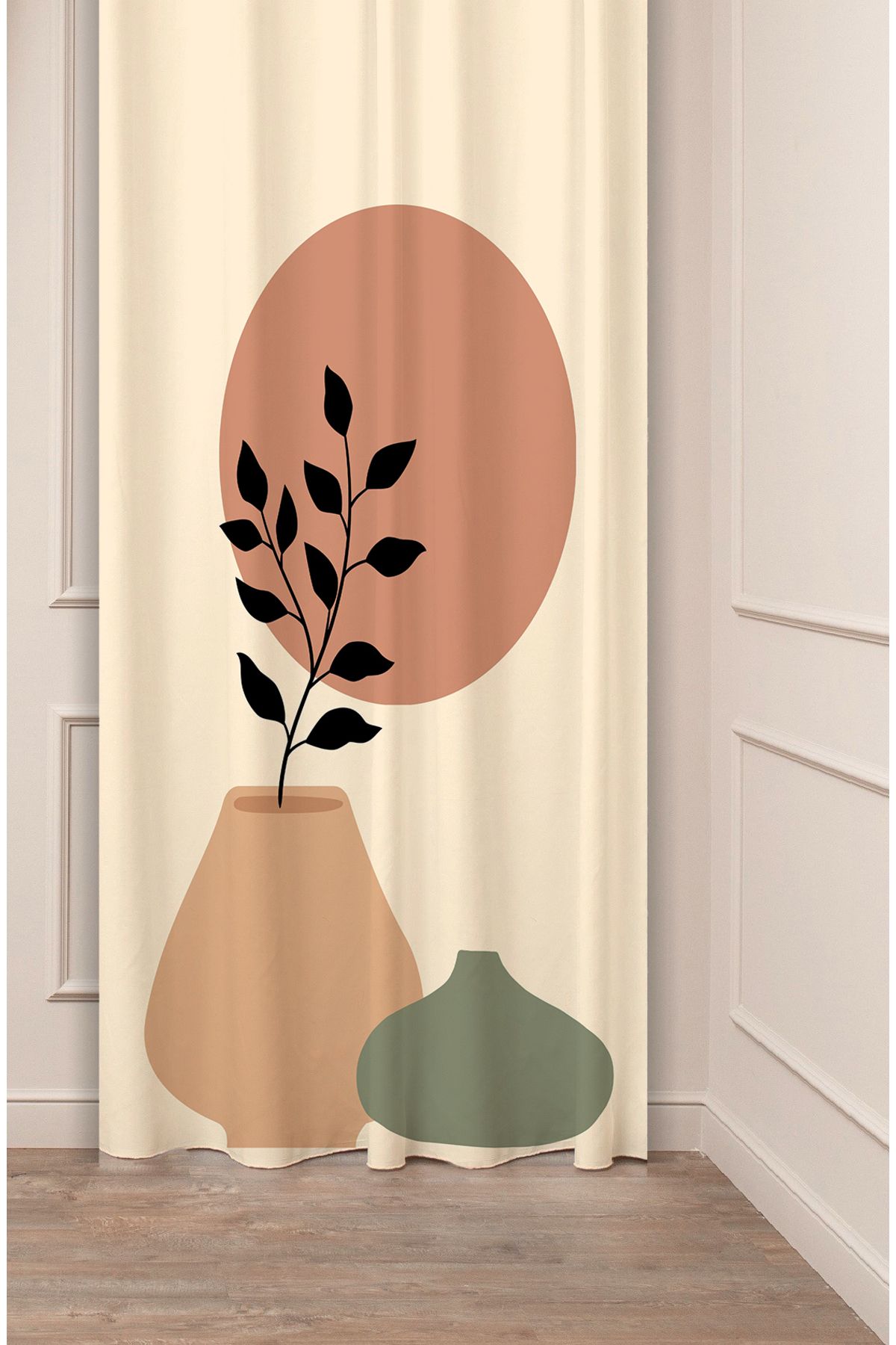 GREENDECOR Vazo Yaprak Bohem Minimalist Bej Krem Desenli Özel Tasarım Dijital Baskılı (Tek Kanat) Şık Fon Perde