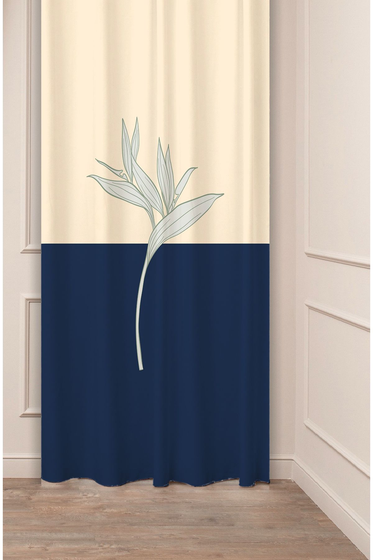 GREENDECOR Yaprak Grafik Bohem Minimalist Bej Krem Desenli Özel Tasarım Dijital Baskılı (Tek Kanat) Fon Perde