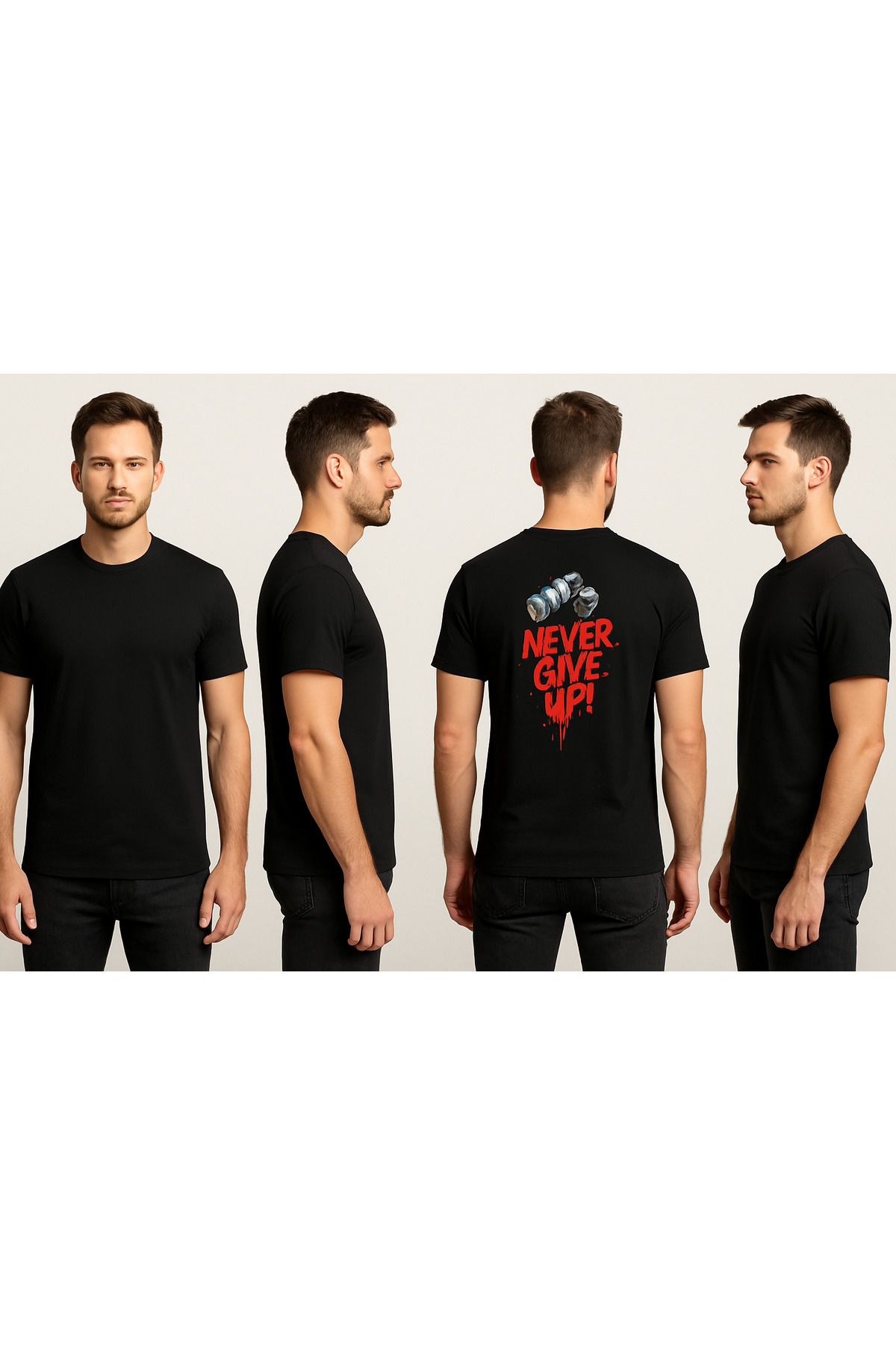 Erkek Never Give Up Sırt Baskılı Siyah Tshirt