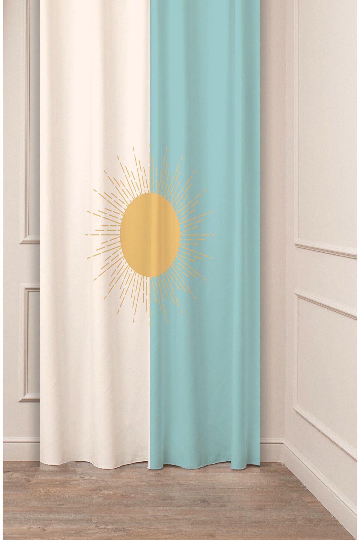 GREENDECOR Güneş Bej Krem Turkuaz Mavi Minimalist Bohem Desen Özel Tasarım Dijital Baskılı (Tek Kanat)Fon Perde