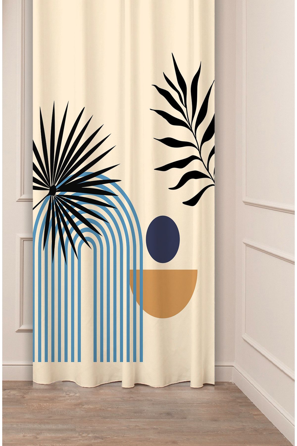 GREENDECOR Yaprak Grafik Bohem Minimalist Bej Krem Desenli Özel Tasarım Dijital Baskılı (Tek Kanat) Fon Perde