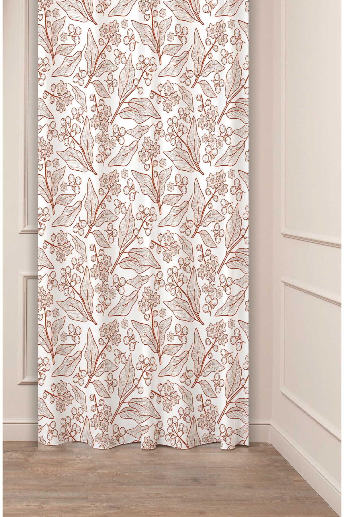 GREENDECOR Yaprak Meyve Çiçek Bej Krem Desenli Özel Tasarım Dijital Baskılı (Tek Kanat) Modern Fon Perde