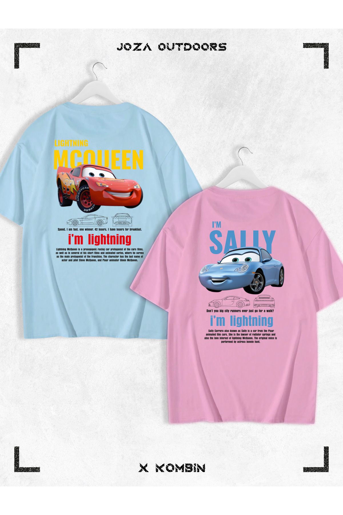 Jobia Outdoors Kadın Erkek Unisex Sally & Mcqueen Cars Sevgili Çift Kombini Oversize Renkli Tshirt 2'li Takım
