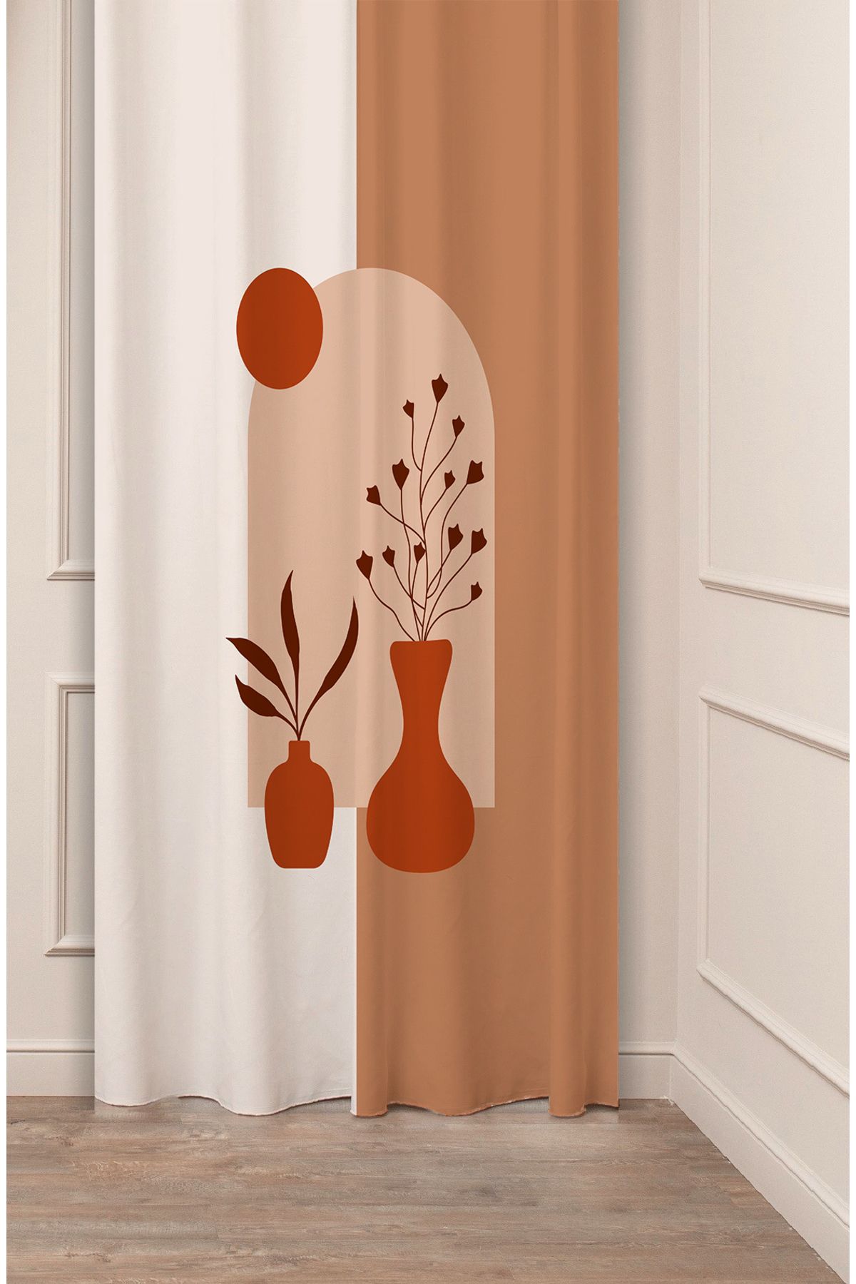 GREENDECOR Vazo Yaprak Bohem Minimalist Bej Krem Desenli Özel Tasarım Dijital Baskılı (Tek Kanat) Şık Fon Perde