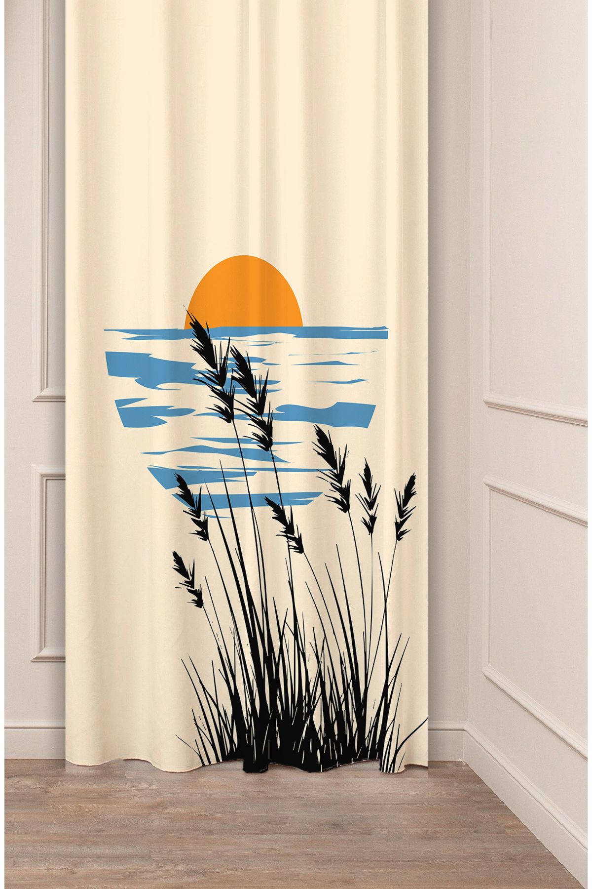 GREENDECOR Yakamoz Deniz Güneş Ay Minimalist Desenli Özel Tasarım Dijital Baskılı (Tek Kanat) Modern Fon Perde