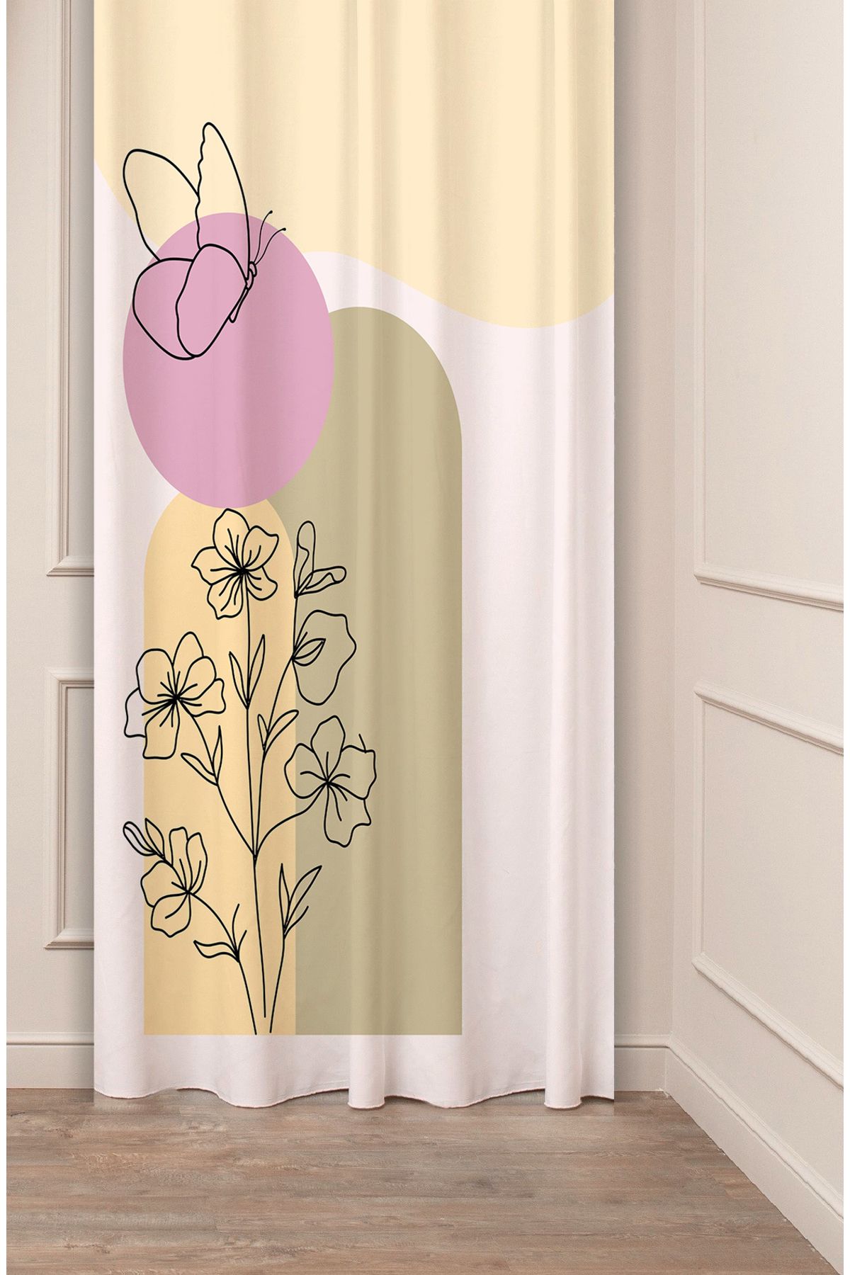 GREENDECOR Çiçek Kelebek Bohem Minimalist Bej Krem Desenli Özel Tasarım Dijital Baskılı (Tek Kanat) Fon Perde