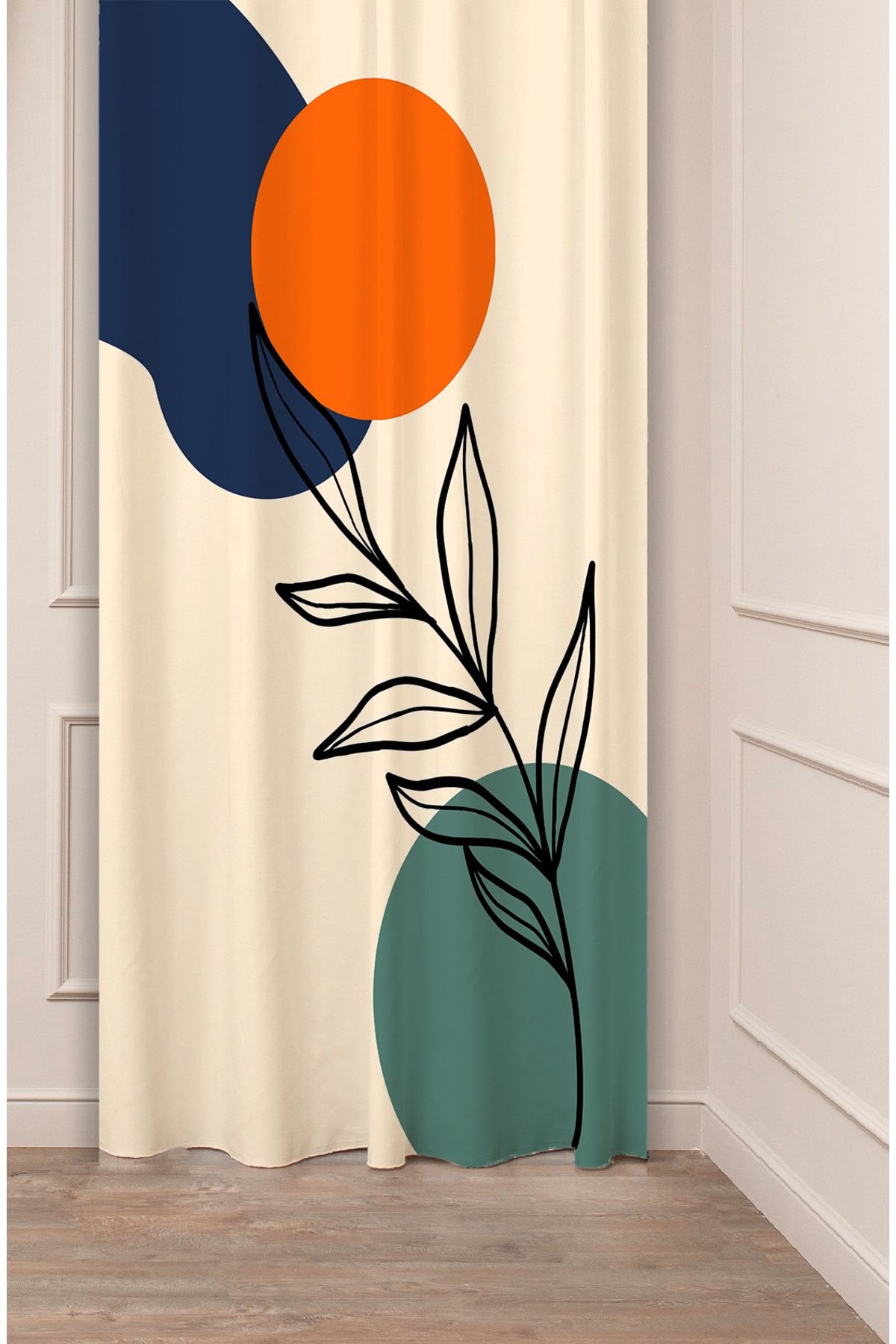 GREENDECOR Yaprak Grafik Bohem Minimalist Bej Krem Desenli Özel Tasarım Dijital Baskılı (Tek Kanat) Fon Perde