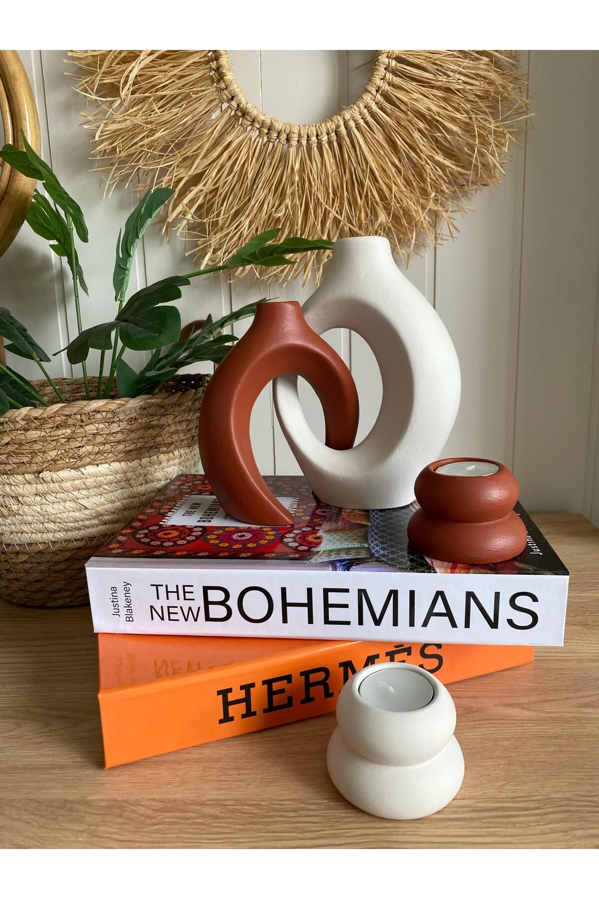 Porselian Sarmaşık Sevgili Bohem Vazo ve Mumluk Set 4lü Set