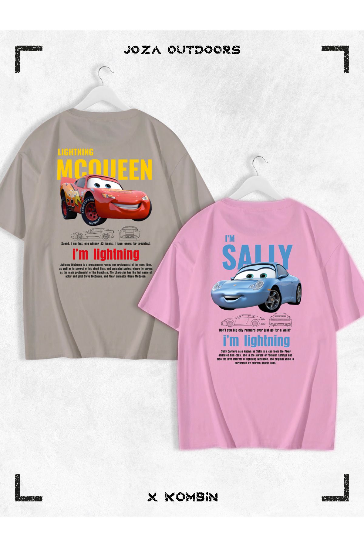 Jobia Outdoors Kadın Erkek Unisex Sally & Mcqueen Cars Sevgili Çift Kombini Oversize Renkli Tshirt 2'li Takım