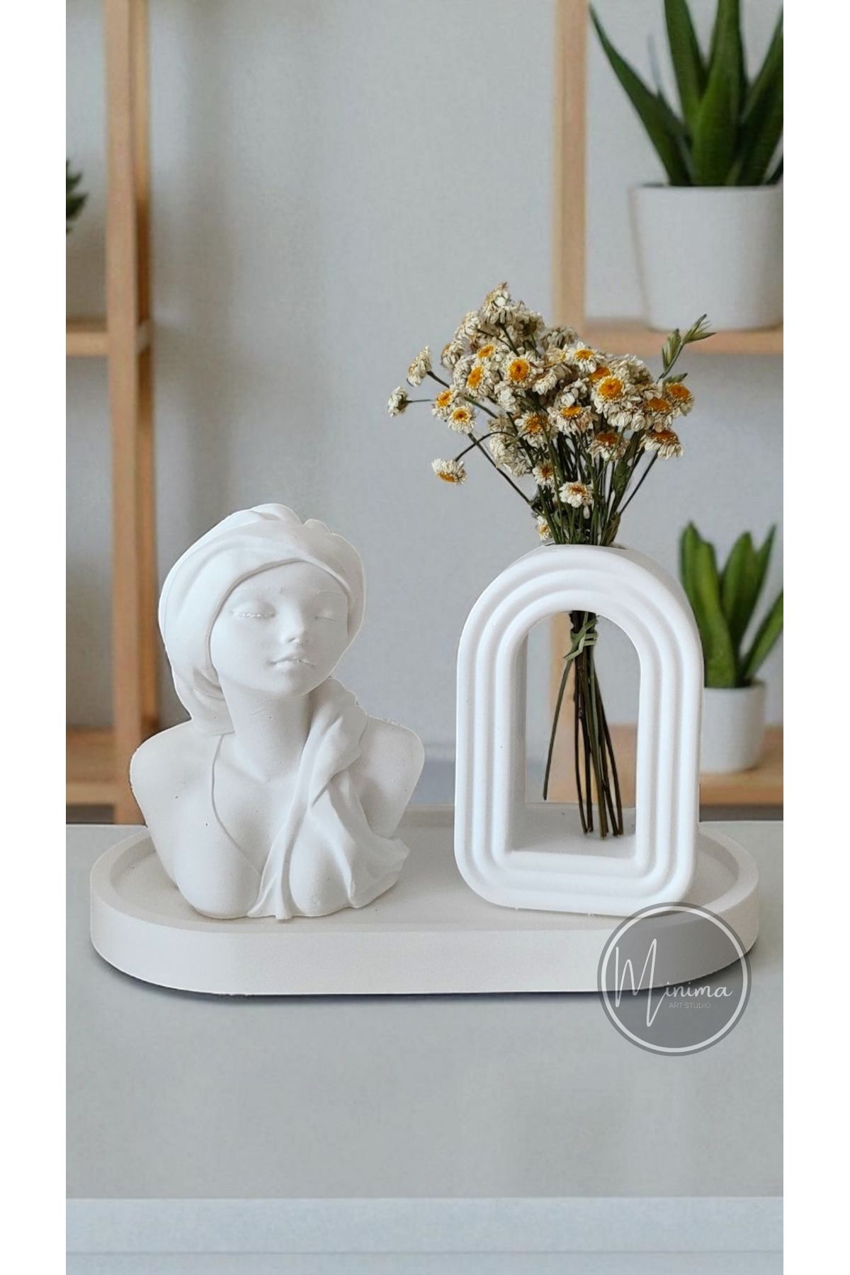 Minima Art Studio Dekoratif 11 cm Kadın Büst & Arch Form Vazo & Oval Tepsi Seti – Beyaz
