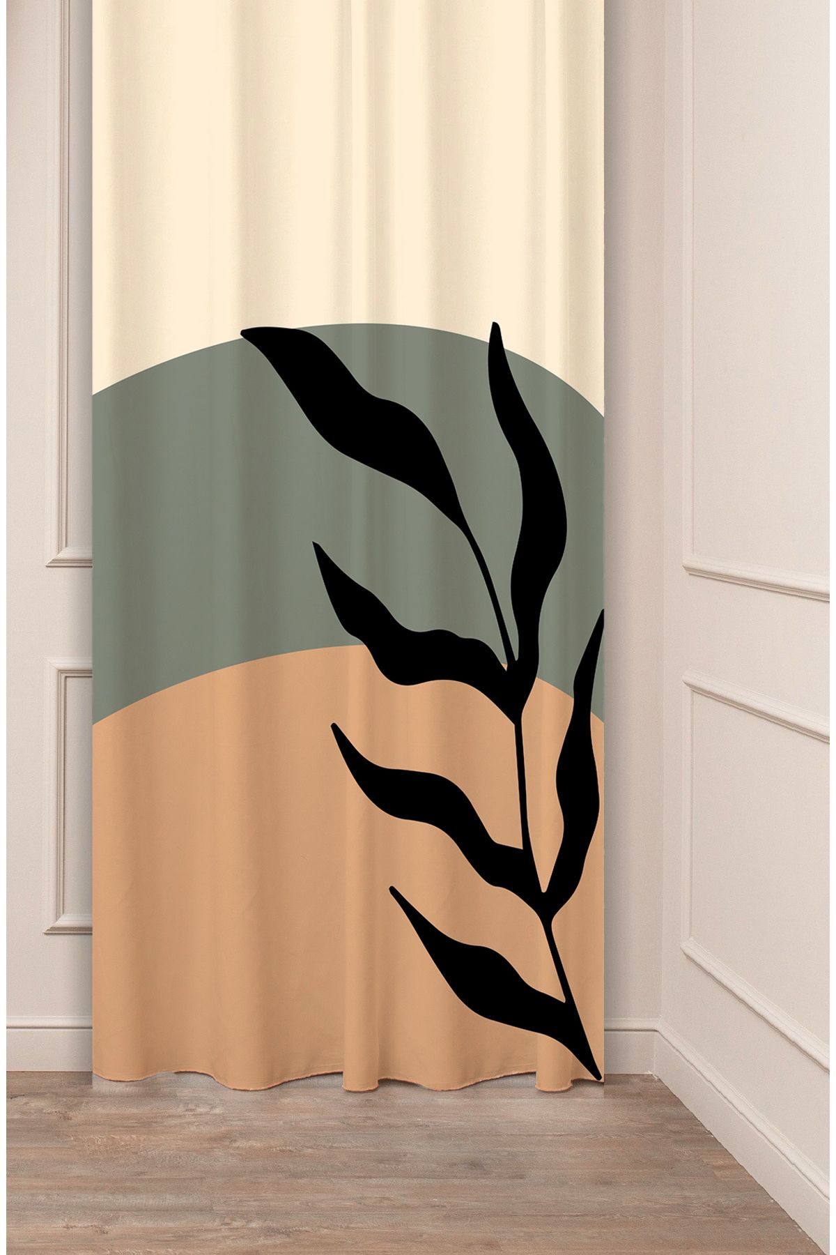 GREENDECOR Yaprak Yeşil Bohem Minimalist Bej Krem Desenli Özel Tasarım Dijital Baskılı (Tek Kanat)Şık Fon Perde