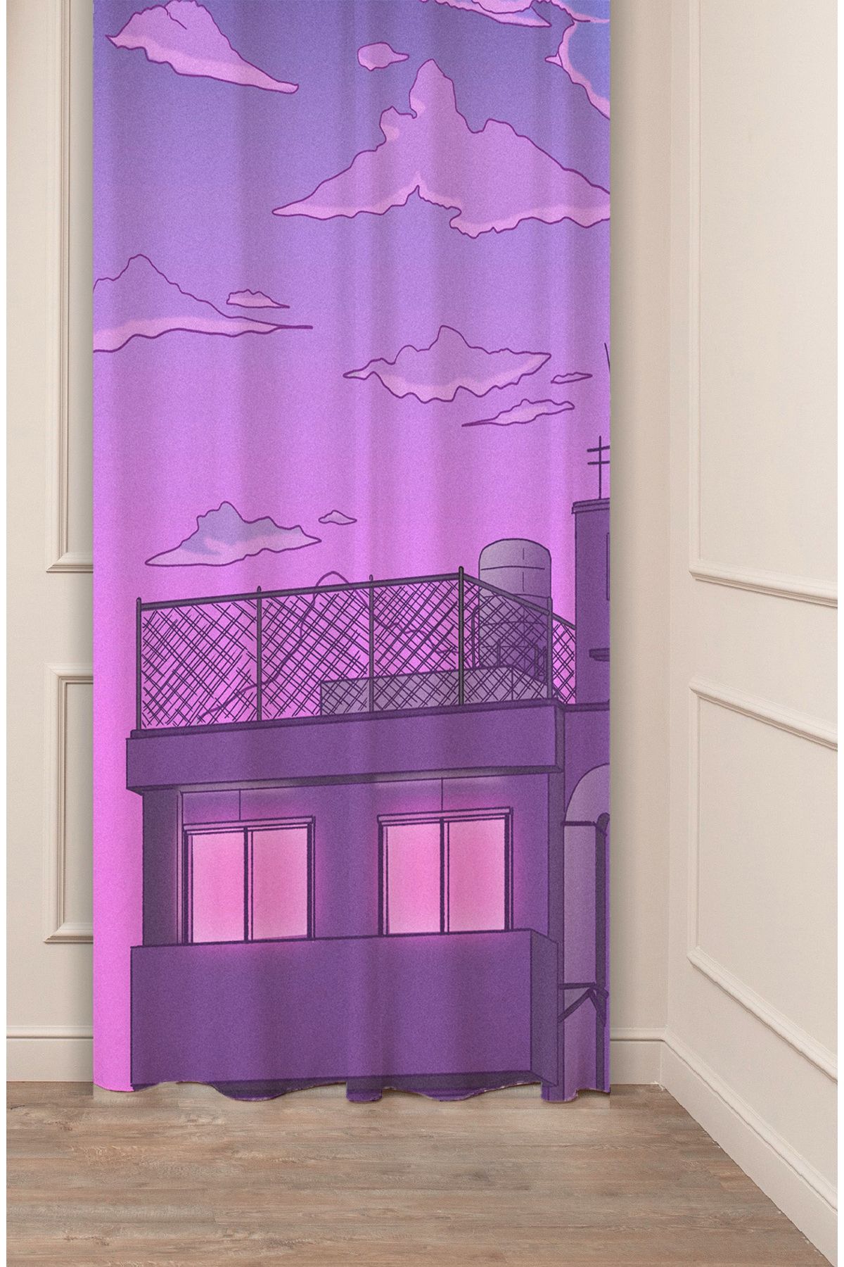 GREENDECOR Anime Şehir Bulut Mor Pembe Desenli Özel Tasarım Dijital Baskılı (Tek Kanat) Modern Şık Fon Perde