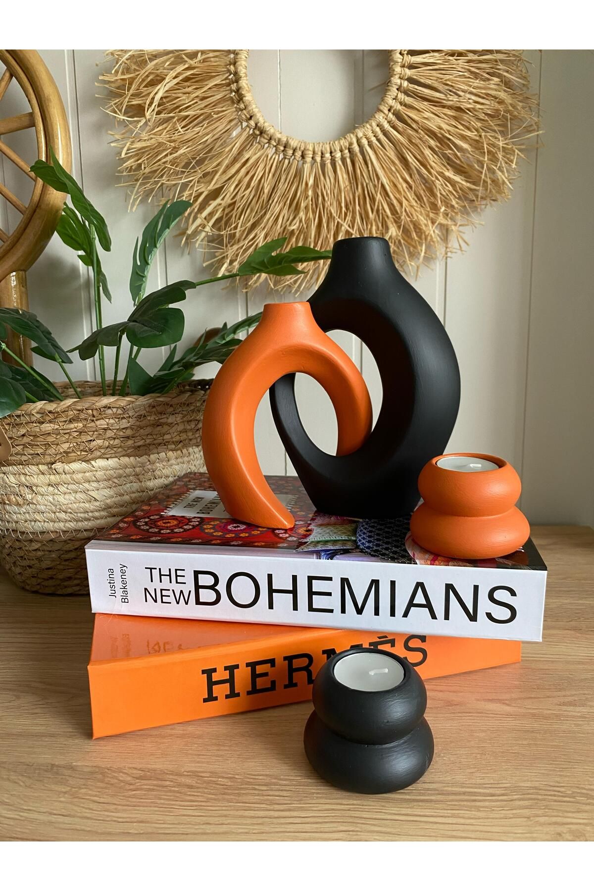 Porselian Sarmaşık Vazo ve Mumluk 4lü Set