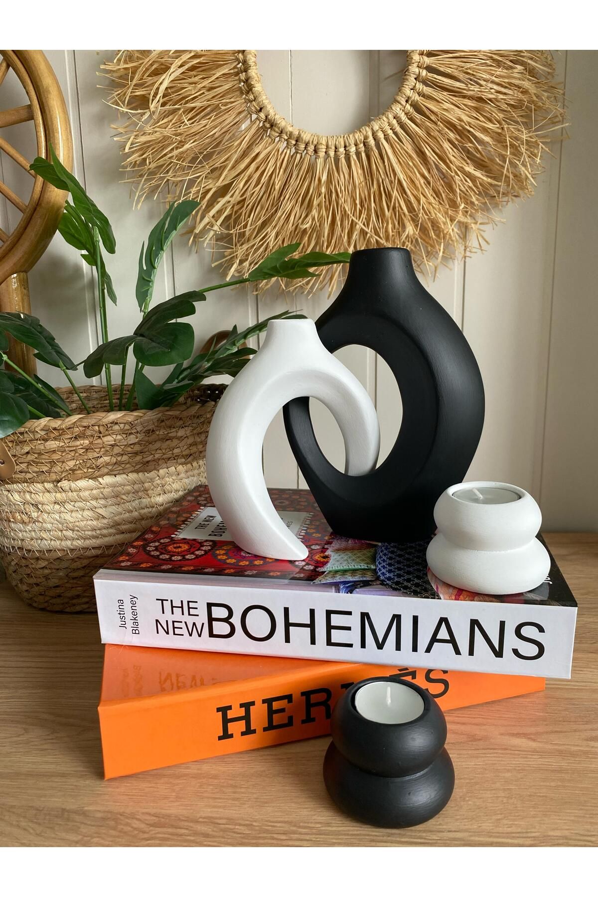 Porselian Sarmaşık Vazo ve Mumluk 4lü Set