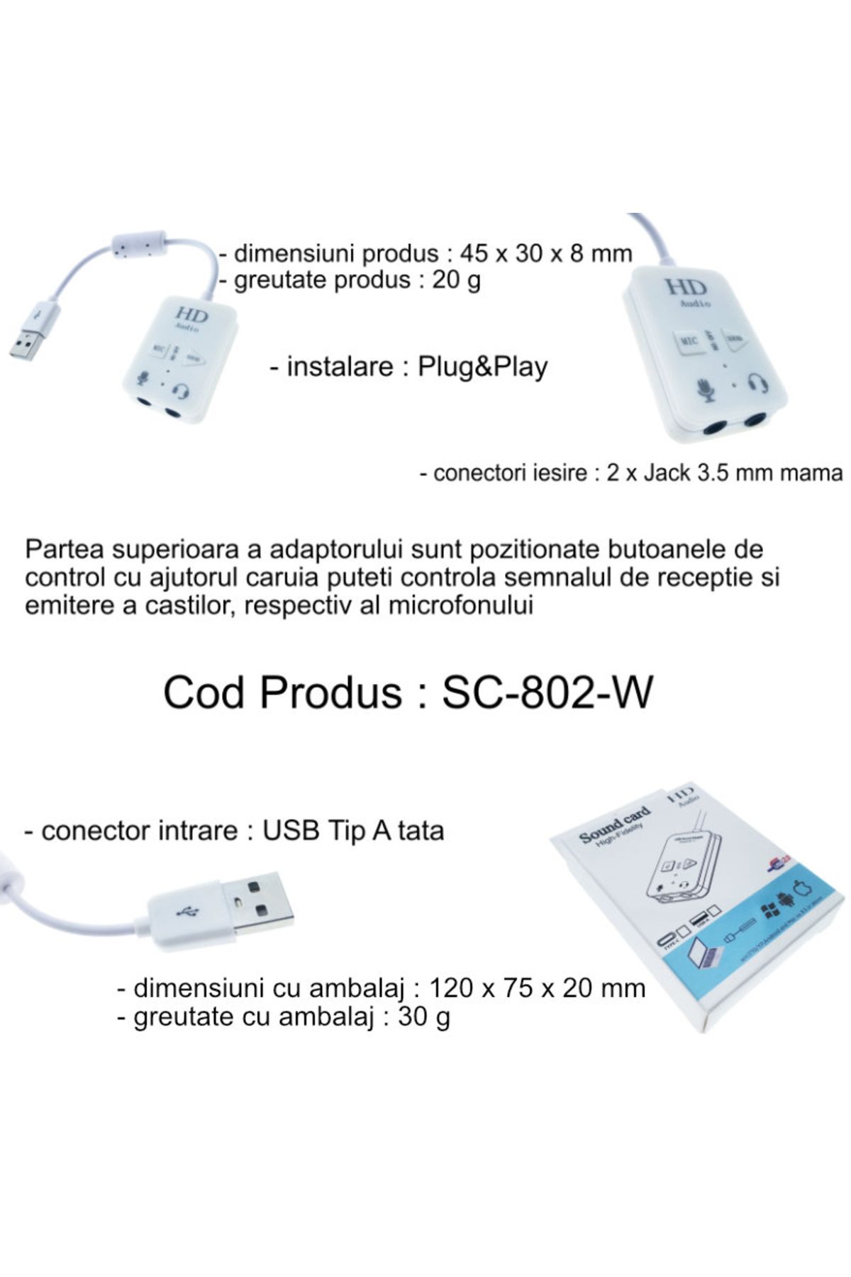 OEM-USB sound card, Virtual 7.1 Channel, with 2 x 3.5mm female Jack output, control buttons, LED, white 6