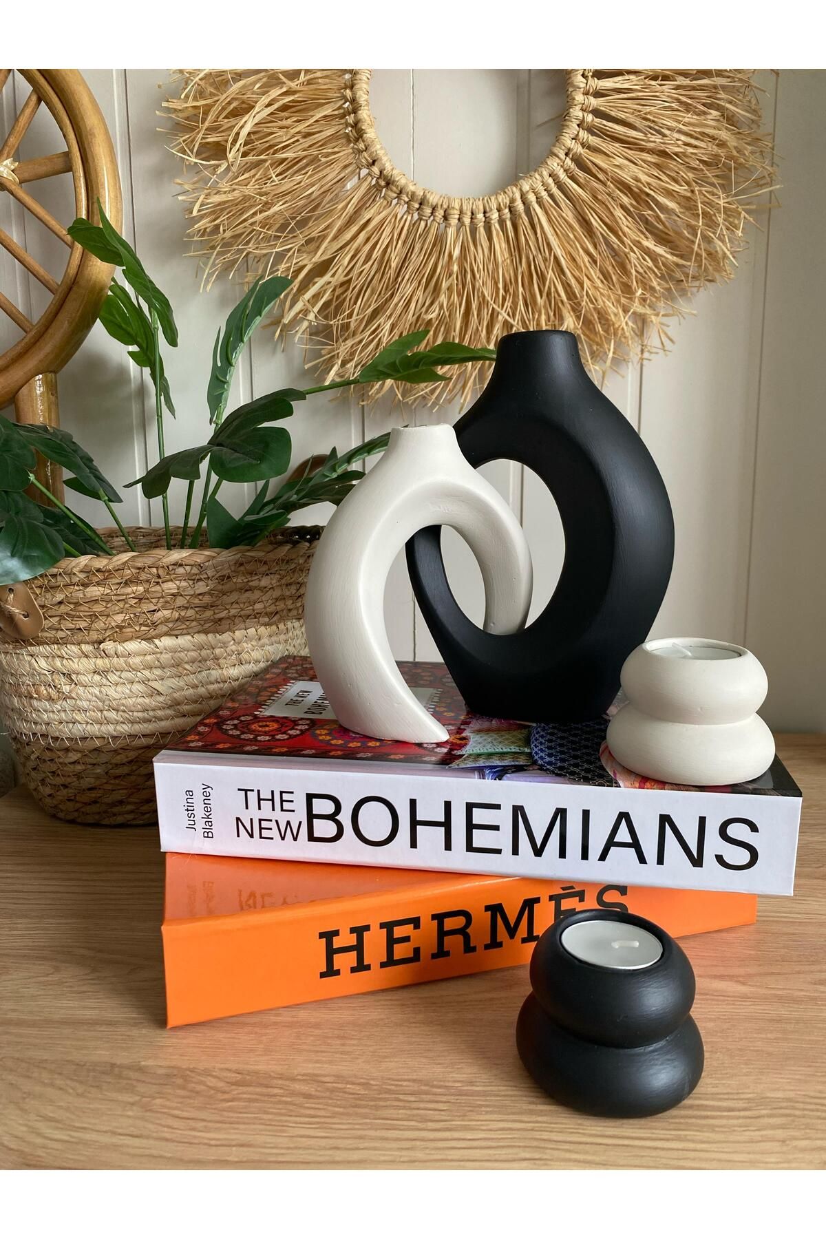 Porselian Sarmaşık Vazo ve Mumluk 4lü Set
