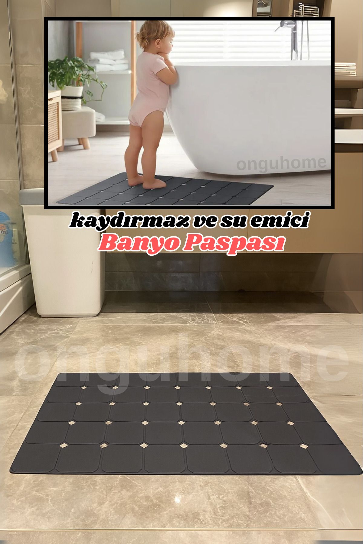 ongu home Vantuzlu Banyo Paspası Su Emici ve Katlanabilir Banyo Paspası Kaydırmaz Duş Paspası