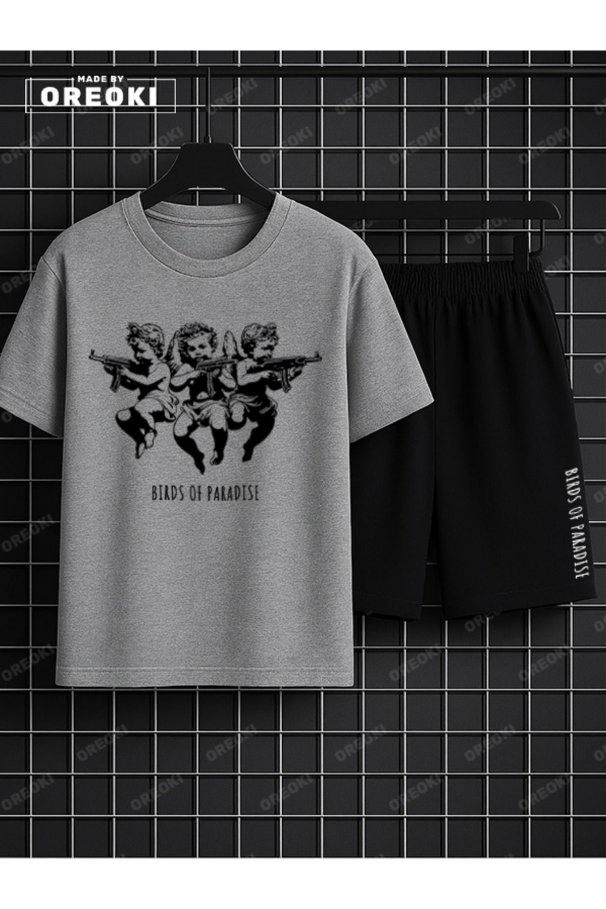 EFFRENATU Cennetin Çocukları Baskılı Pamuklu Unisex Gri Tişört-Siyah Şort Takım
