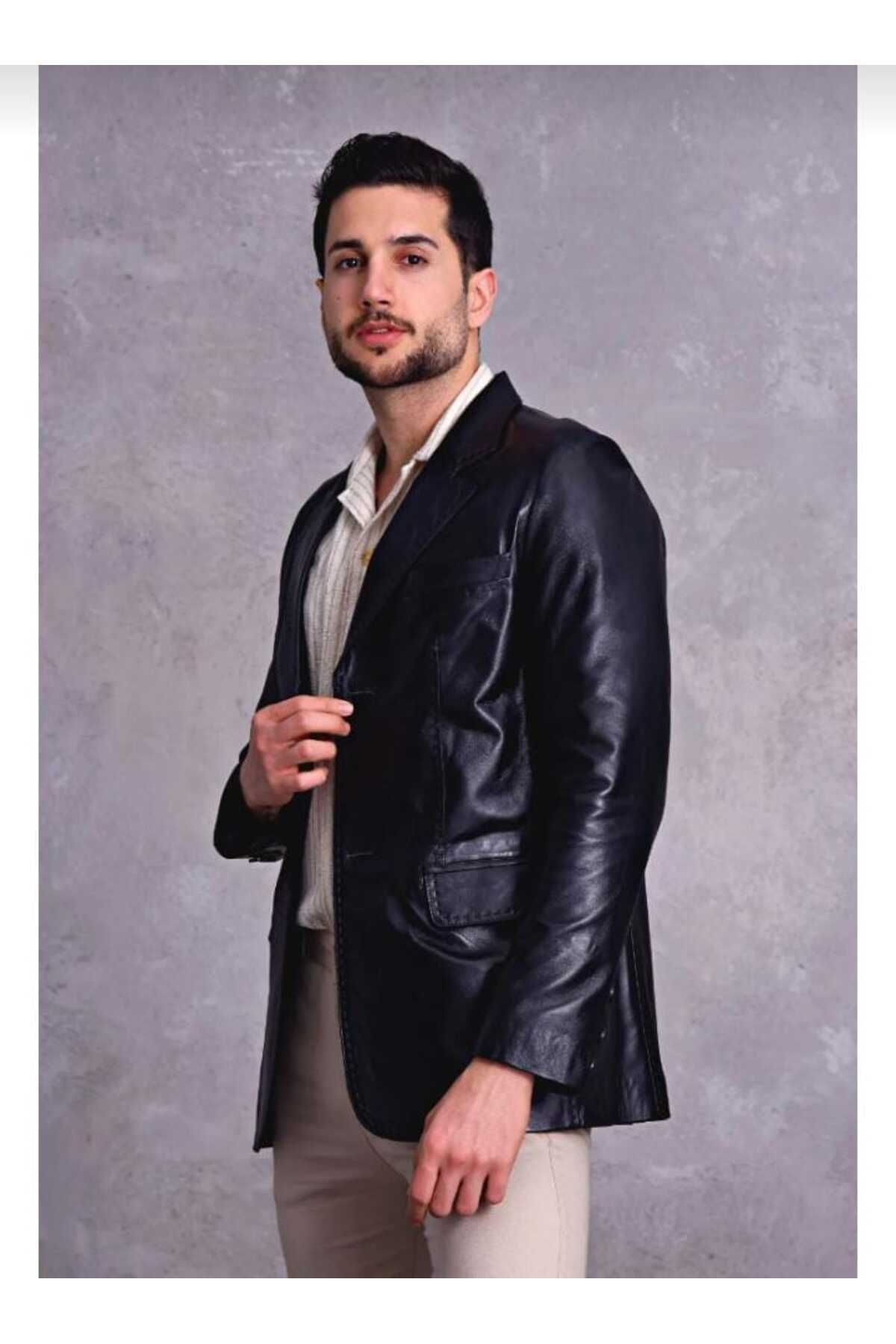MİRENA LEATHER Erkek Hakiki Deri Punto Dikişli Blazer Deri Ceket