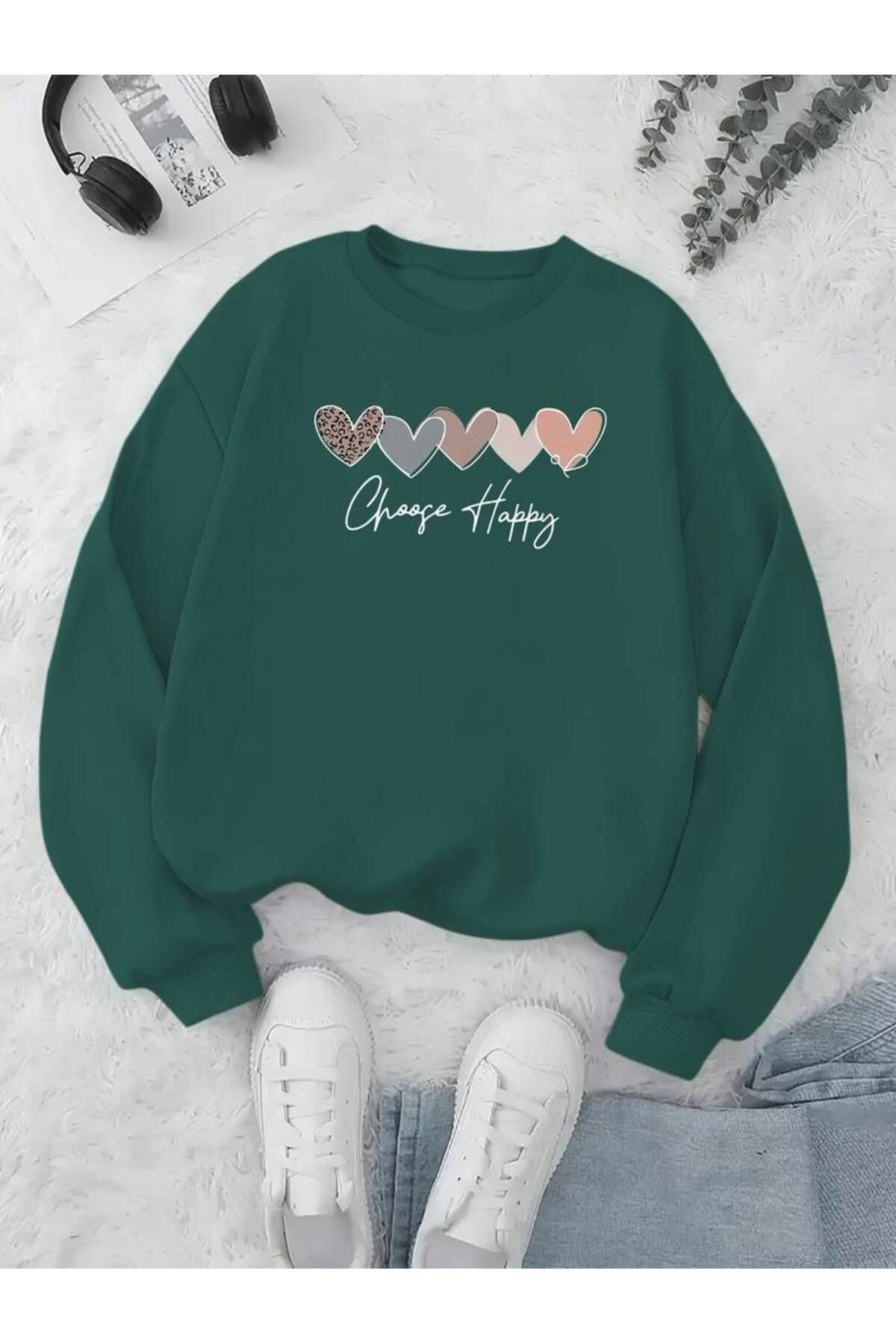 ModaSphere Choose Happy Baskılı Bisiklet Yaka Sweatshirt