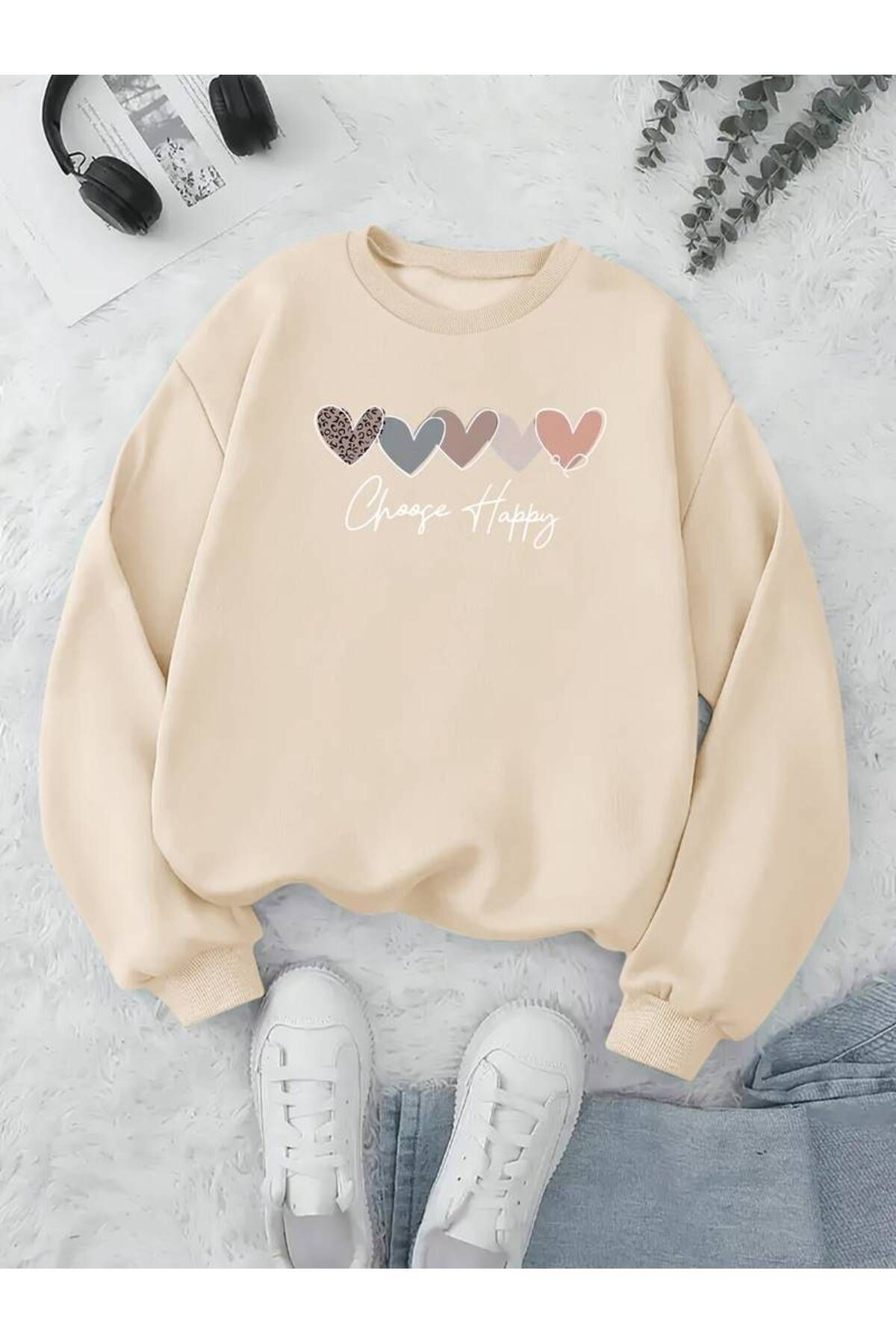 ModaSphere Choose Happy Baskılı Bisiklet Yaka Sweatshirt