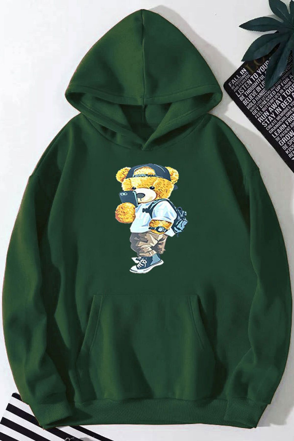 ModaSphere Peluş Ayı Baskılı Kapüşonlu Sweatshirt