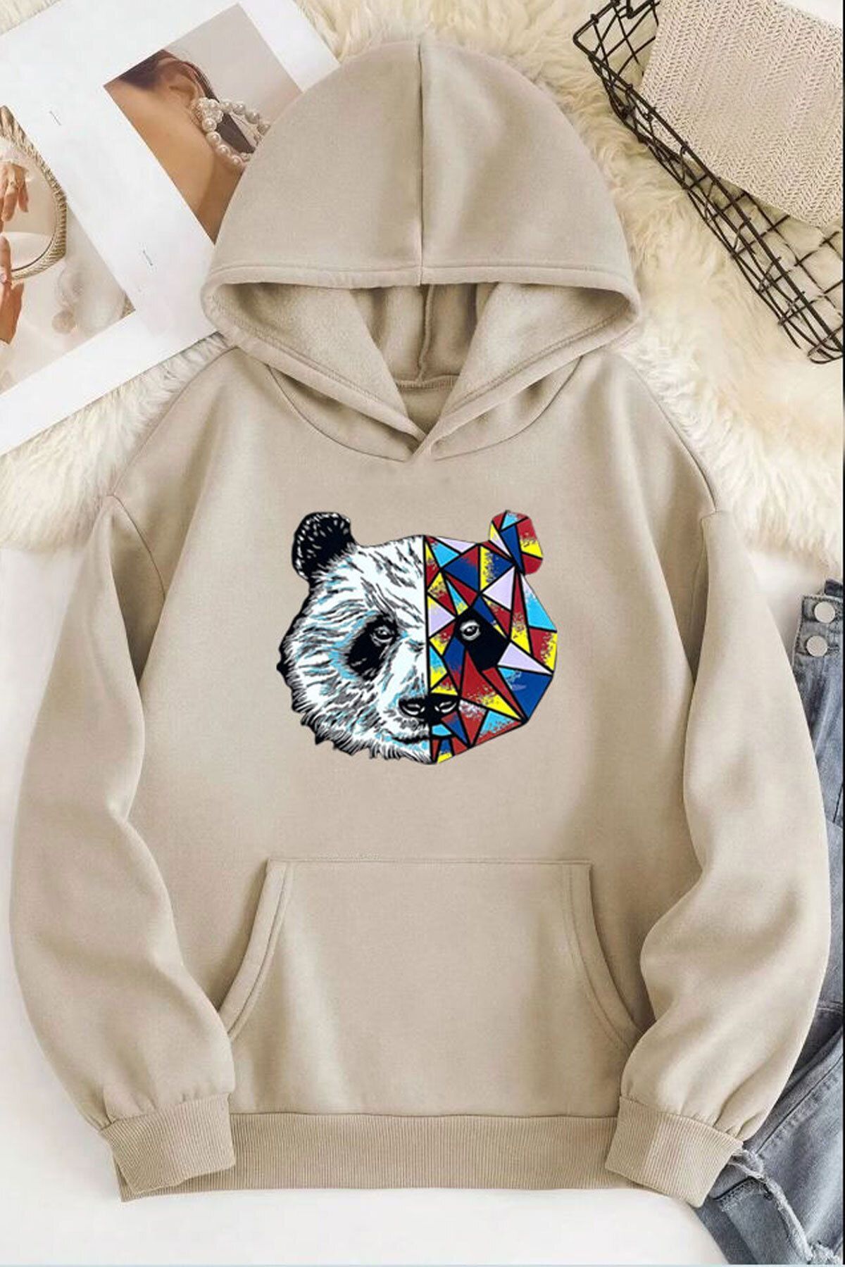 ModaSphere Panda Baskılı Kapüşonlu Sweatshirt