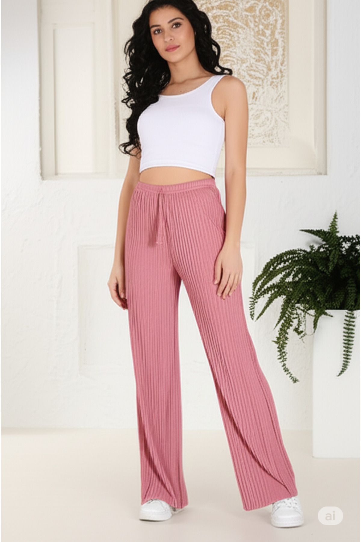 DHDmoda Kadın Pembe Renkli İnce Fitilli Kumaş Eşofman Alt