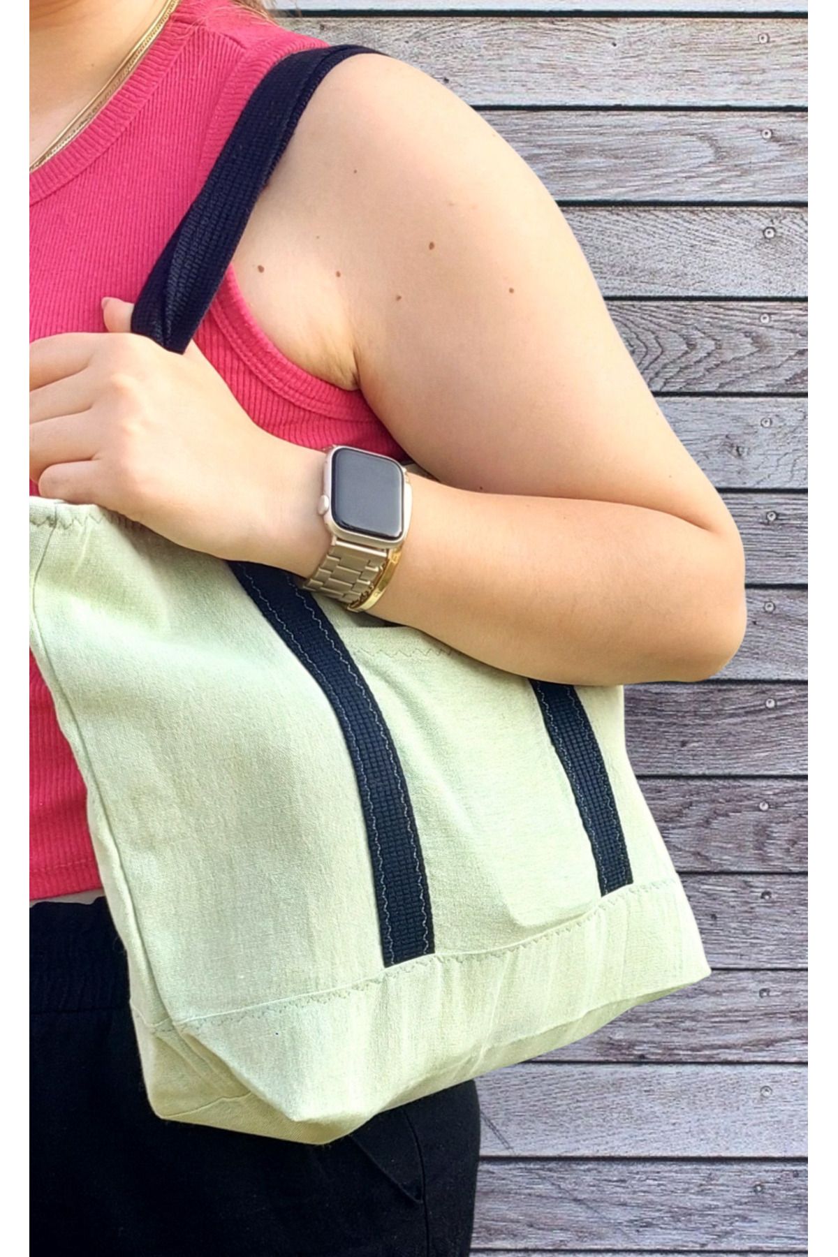 Mio Vero Doğal Buldan Keten Su Yeşili Kadın Omuz Çantası – Çift Cepli, Yumuşak Dokulu Totebag