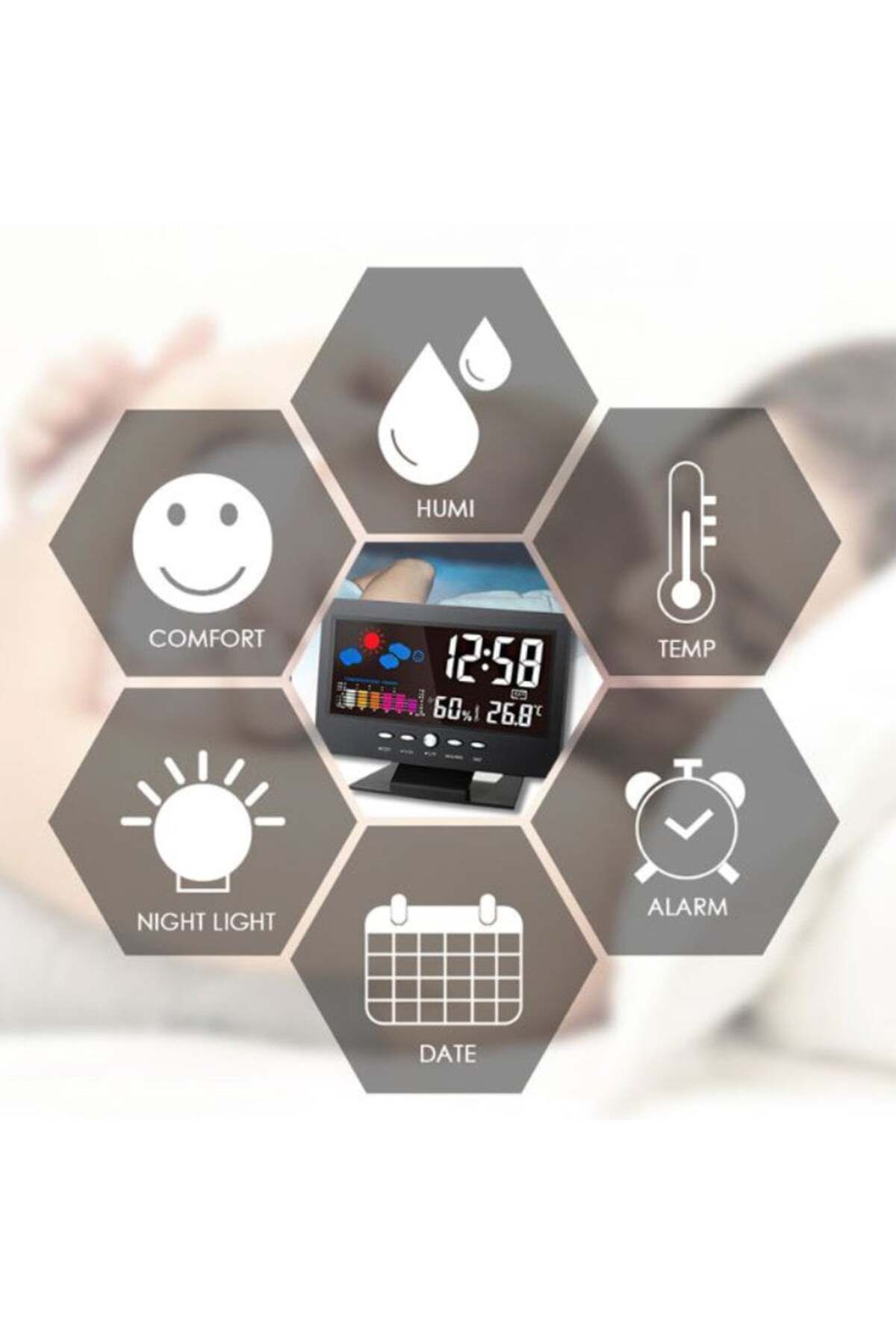 OEM-Indoor weather station with clock and alarm, 8082T, time, date, temperature, humidity, LCD, black 7