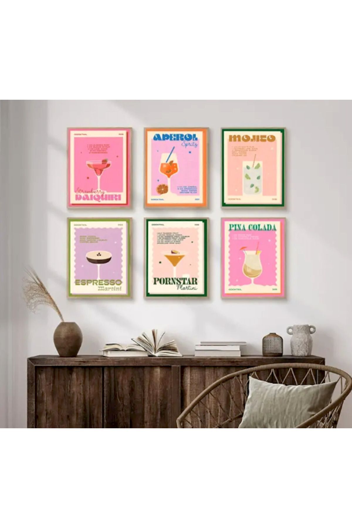Elioure Retro Kokteyl İçecek Posteri Seti, Kanvas Duvar Sanat Baskısı, 6'lı Paket