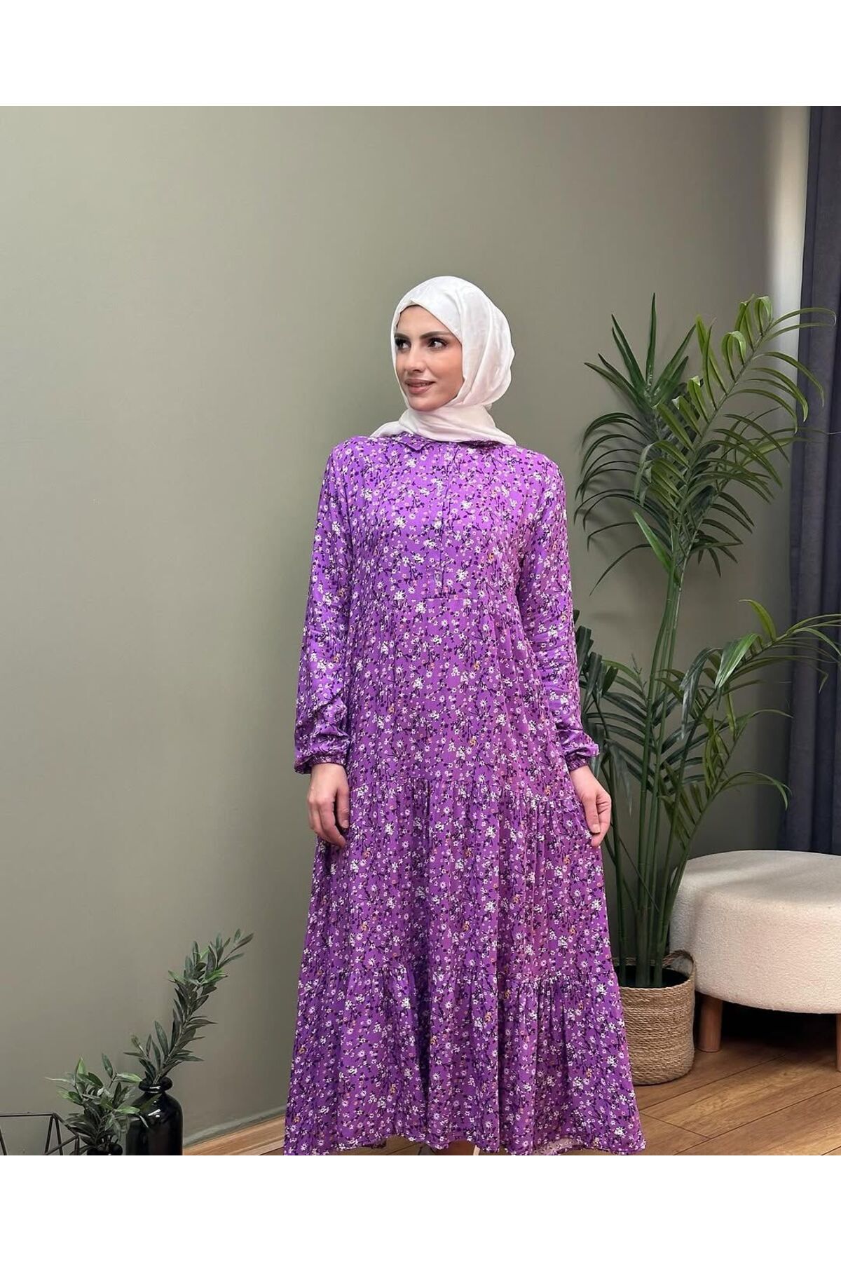 DFN Kadın Tesettür Viscon Kumaş Çiçek Desen 135 cm Geniş Bel İç Göstermez Boydan Elbise
