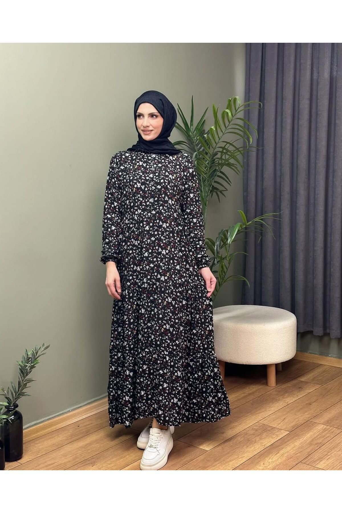 DFN Kadın Tesettür Viscon Kumaş Çiçek Desen 135 cm Geniş Bel İç Göstermez Boydan Elbise