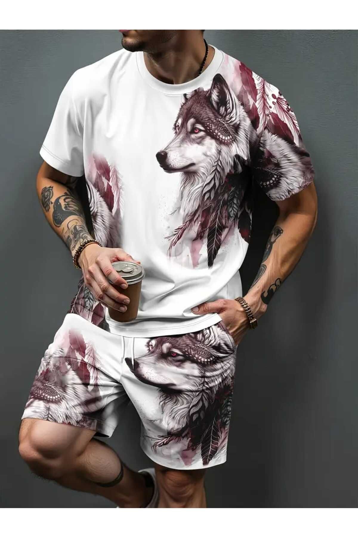 WEAR Erkek Wolf Desenli Şort ve Tişört takımı