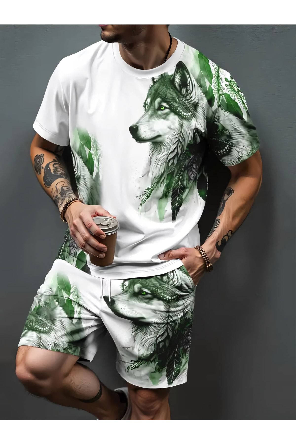 WEAR Erkek Wolf Desenli Şort ve Tişört takımı
