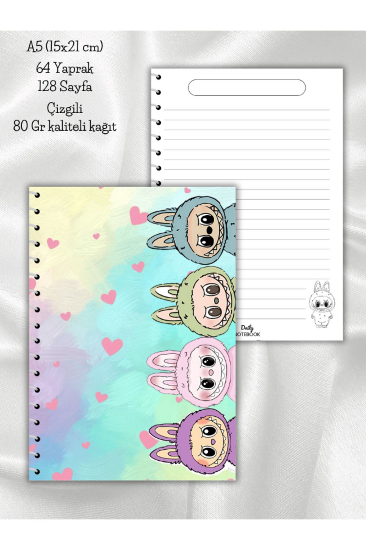 daily notebook Labubu Çizgili Okul Defteri,64 Yaprak Spiralli A5 Büyük Boy (15x21 cm) Boyutunda