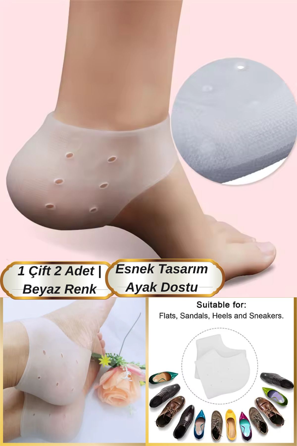 Hane Dostu 1 Çift Beyaz Renk Esnek Rahat Kullanım Ayak Dostu Silikon Topuk Çorabı