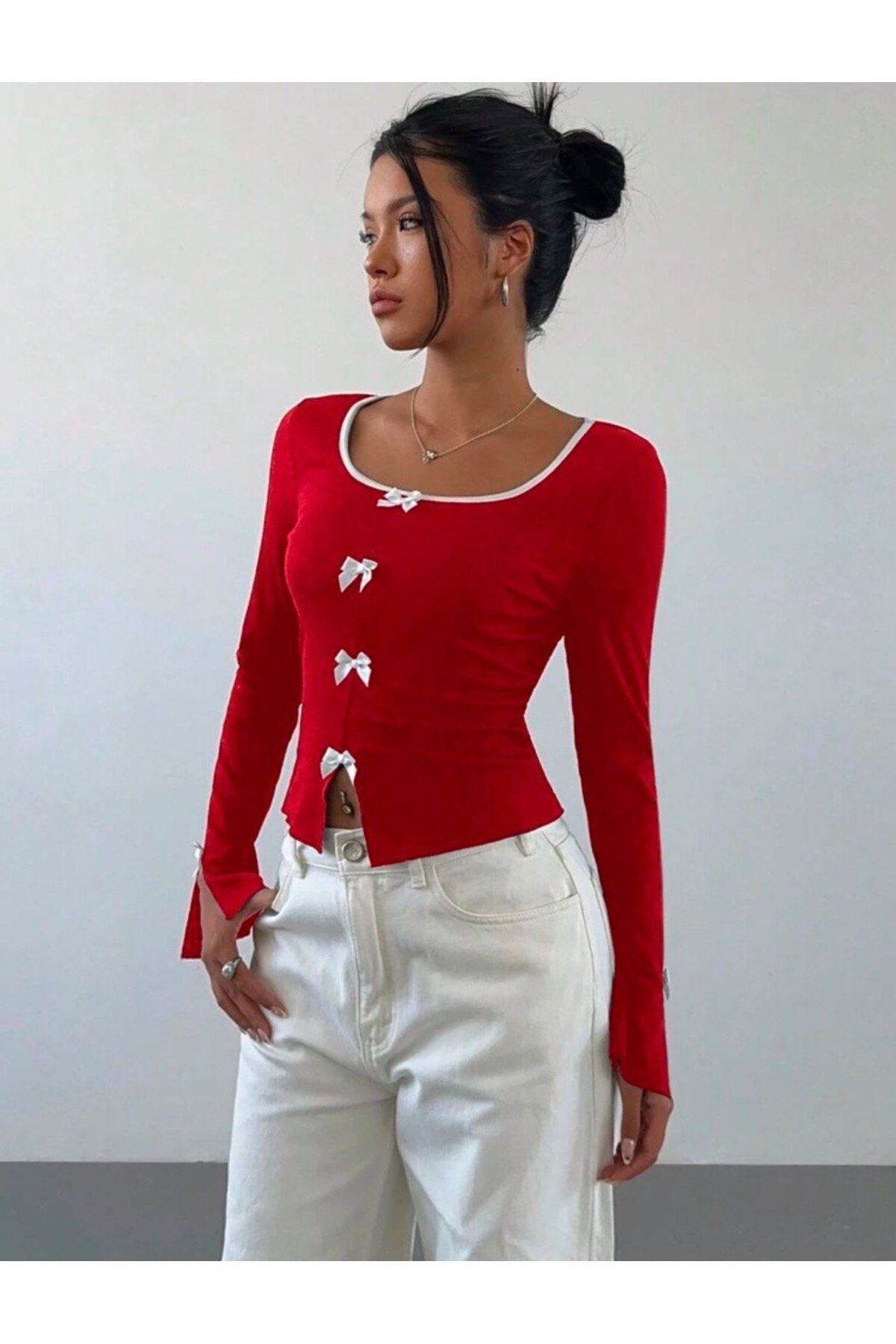 Gofeel Ribbon Dekolteli Uzun Kollu Crop
