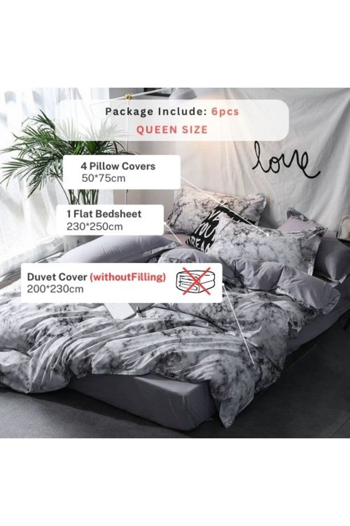 LUNA HOME-Queen/Double size 6 pieces Bedding Set without filler, Marble Design Grey Color 2